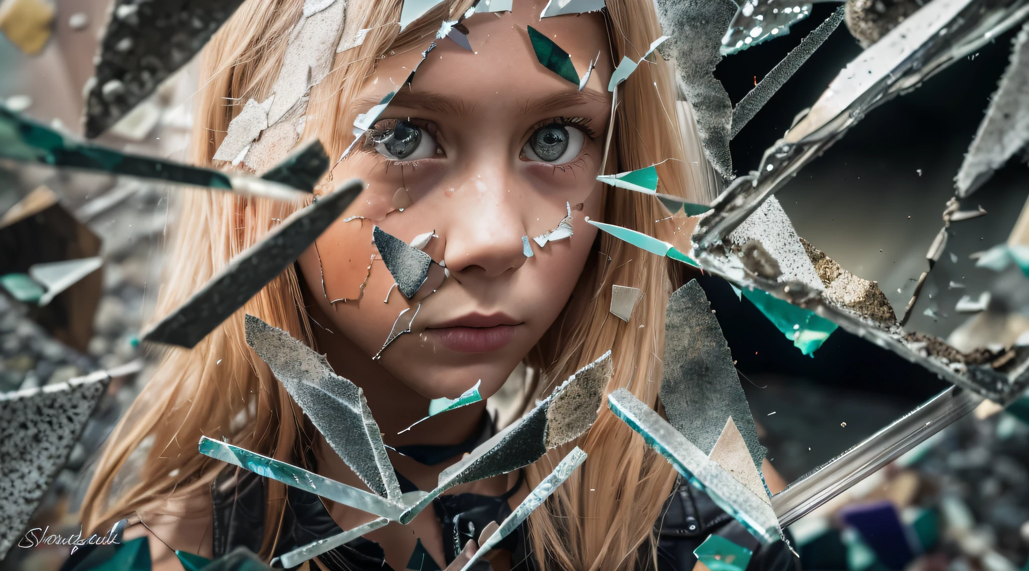 GIRL Russian child with 10 years, blonde long hair, closeup, in a black leather jacket, a closeup of a broken glass window with a black background, shattered glass, broken glass, broken glass ( (sun rays) ), glass breaking, vivid broken glass, a million shards of broken glass, photo of broken glass, shards of glass strewn about, shards of glass, broken, cracked glass, sharp glass shards, composition of broken mirrors, broken mirror