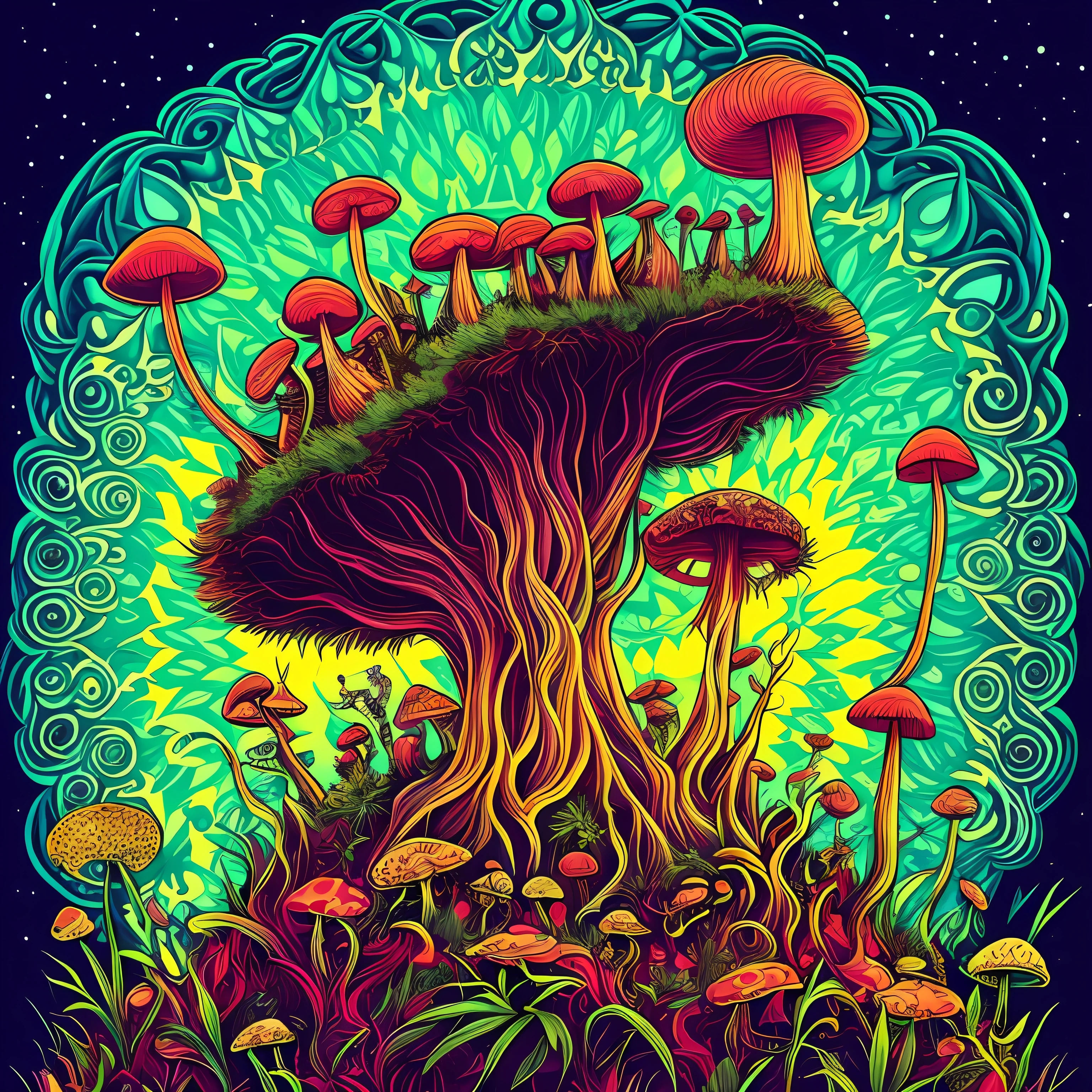 a mushroom head standing on a hill with a bunch of mushrooms with cannabis leaves and a sky composed of mandalas, Arte Trippy, psychedelic mushrooms dream, psychedelic illustration, cogumelo trippy, psychedelic trip, psychedelic acid trip, psychedelics, psychedelic mushrooms, just take a pinch of psychedelic, psychedelic style, Dan Mumford e Alex Grey Estilo, psychotropic psychedelic, psychedelic art style, psychedelic artwork, psychedelic surreal art, psychedelic aesthetic, folhas de cannababis no jardim, and the sky composed of mandalas