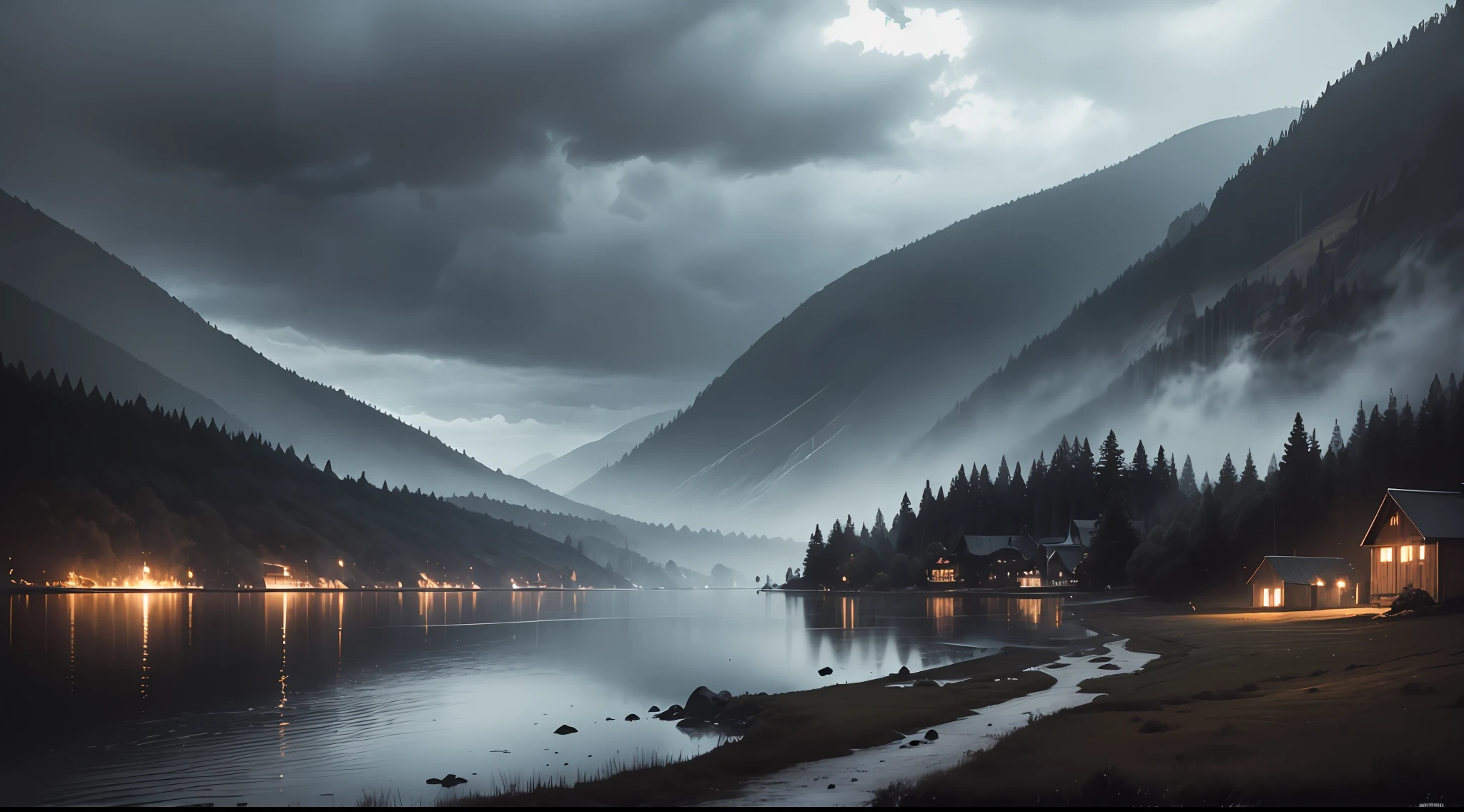 "Dark and melancholic atmosphere by the lakeside with small hills, amidst pouring rain, under dark clouds."