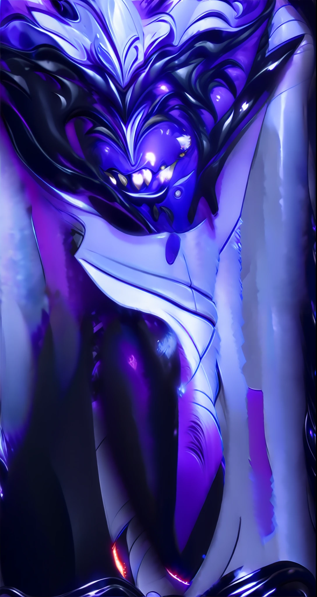 He has fangs, purple all over his body, pure black eyes, and an angry expression