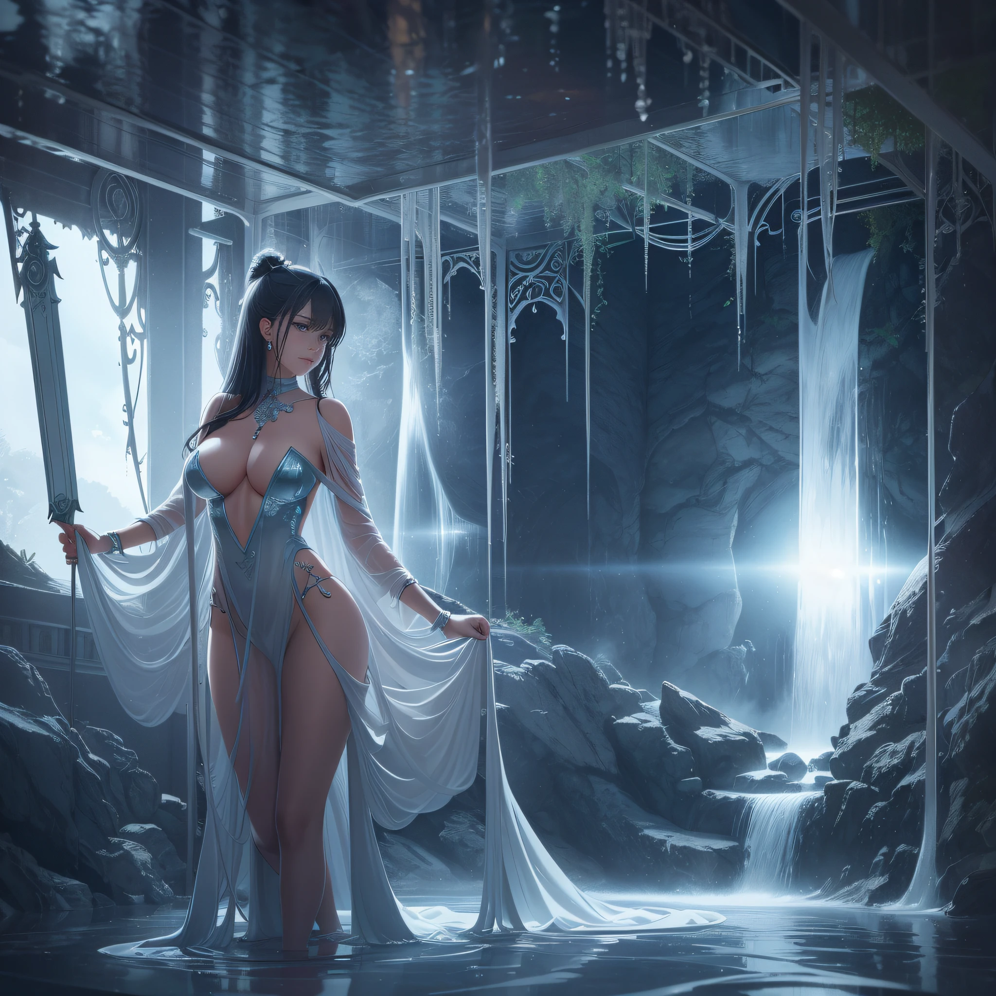 moody artistic masterpiece of a perfect body allure big breasts Lalisa. Surreal photo rendering by AesticV. nsfw. (enchanted and whimsical art style: 1.4). soft translucent art blend dress, sexy design. rockets. strange water fall in theme room. high detail. soft leather detail. 8k, uhd, photorealistic. cute artistic ground pose pose. accurate anatomy.