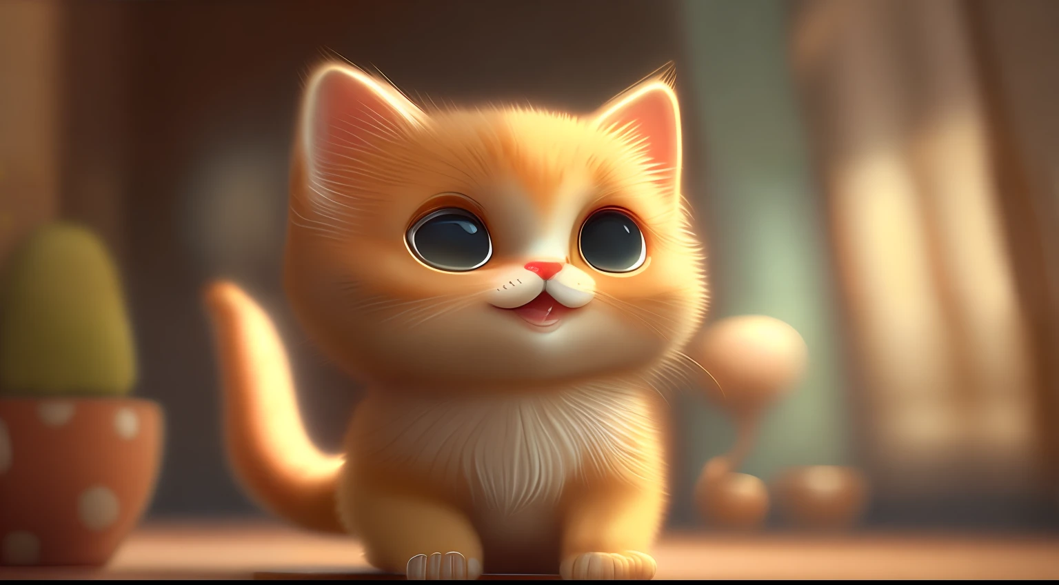 Cute adorable little kitty waving and smiling greeting me, unreal engine, cozy interior lighting, art station, detailed digital painting, cinematic, character design by mark ryden and pixar and hayao miyazaki, unreal 5, daz, hyper realistic, octane rendering