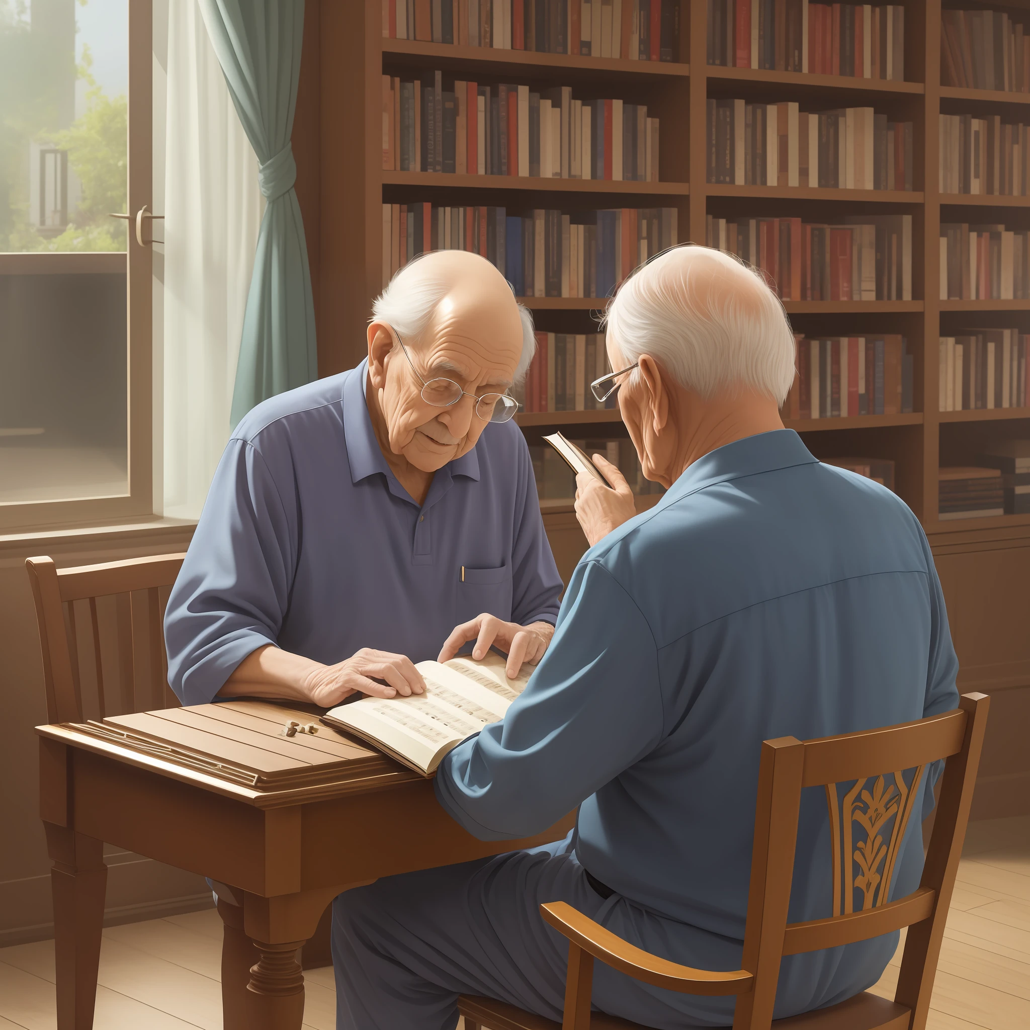 Two Elders, they're sitting there playing, um velho piano, An old man is standing reading a book, casa antiga, piso de madeira, moves velhos, alta qualidade ultra detalhada 8k,, absurdamente realista,