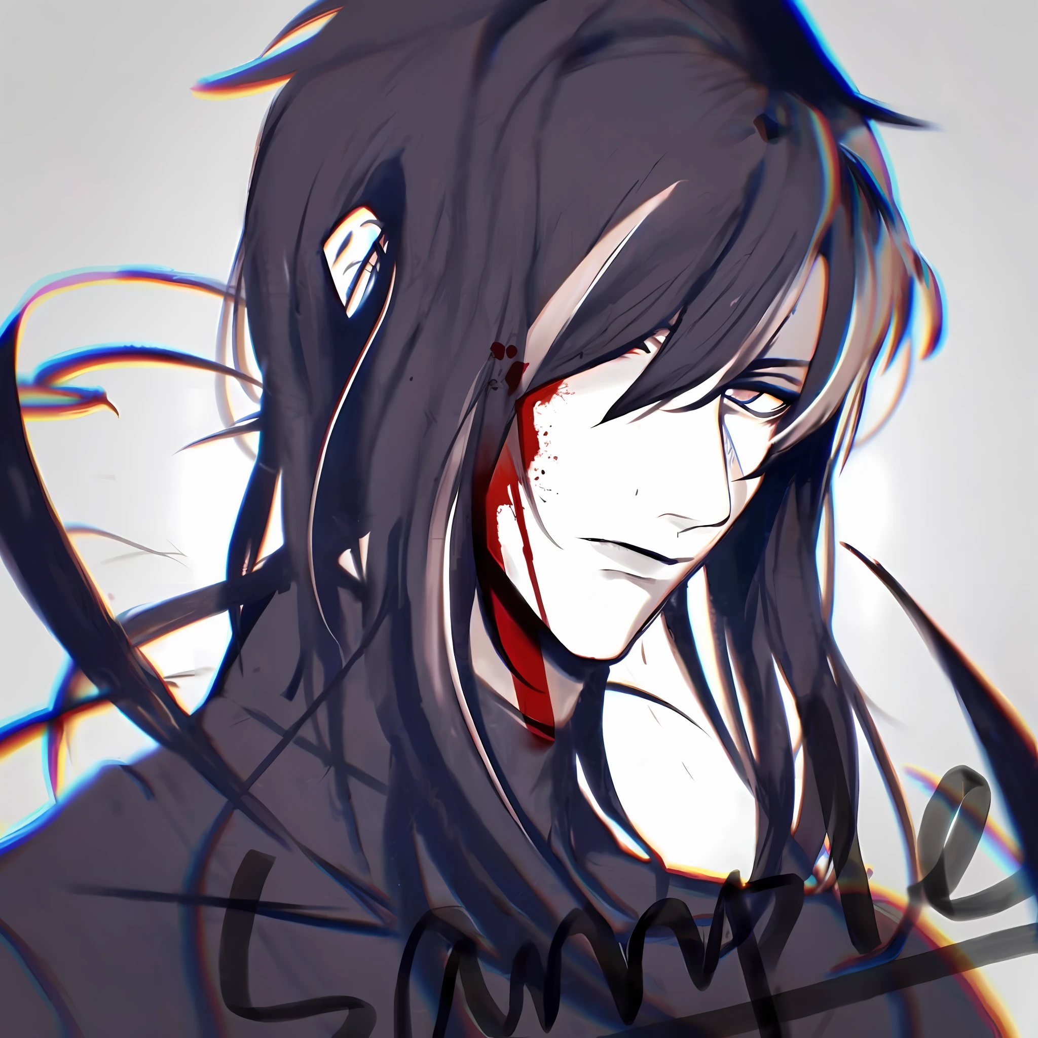 Handsome anime boy with long black hair and blood dripping on his face, gapmoe Yandere, portrait gapmoe yandere grimdark, semirealistic anime style, Yandere. Tall, realistic anime artstyle, High Quality Anime Art Style, anime shading), unknown artstyle, anime art style, jeff the killer，Shadow Scythe