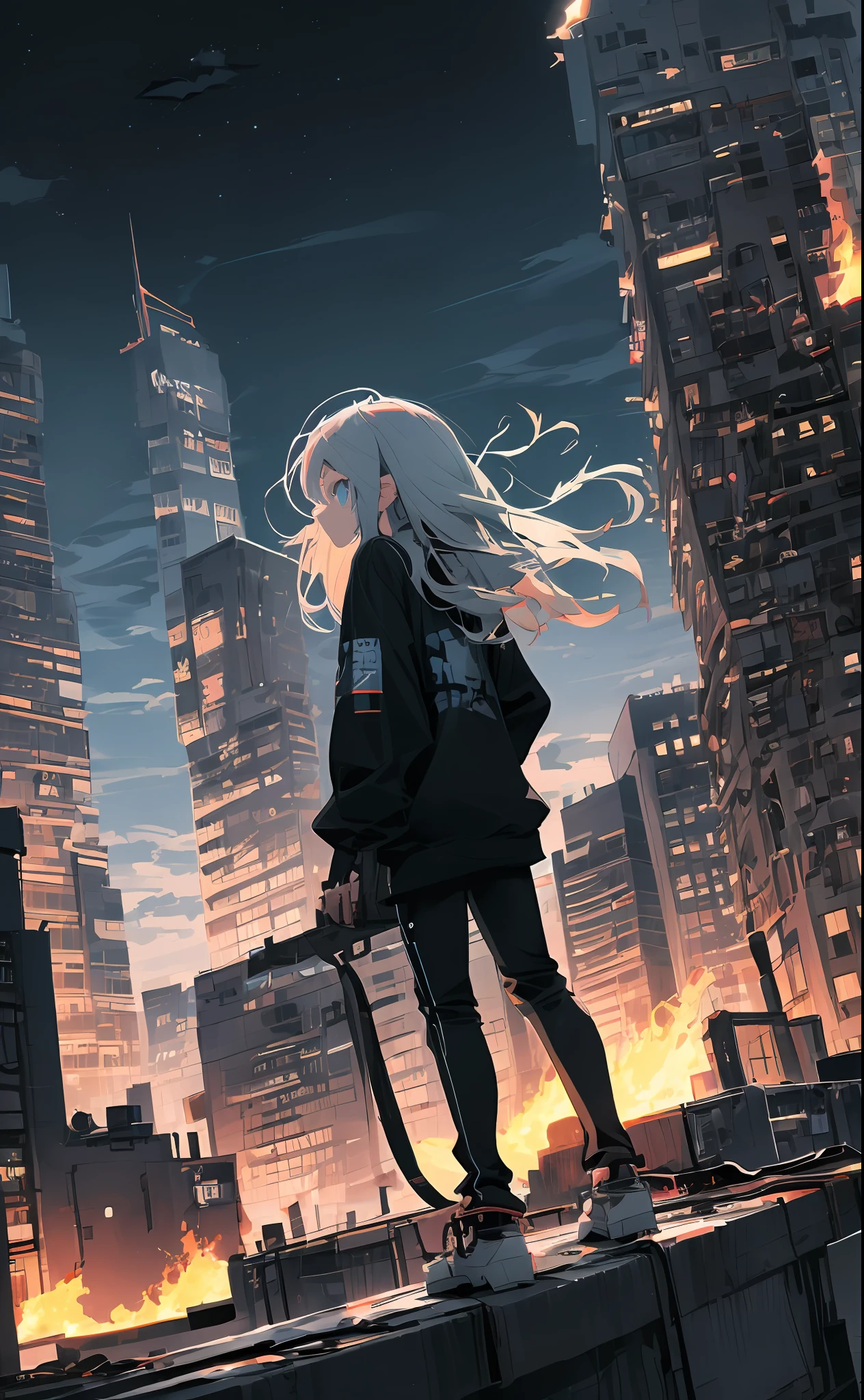 (tmasterpiece, beste-Qualit),From directly above, a 1girl, 独奏, stands on the roof, billboard, Adult, Cyan eyes, A detailed eye, White long hair, the wind, building, The city, cloudy skies, black baggy clothes, Shoes, tap \(machine\), dutch angle, from on the side, empty look, looking a viewer, exteriors, roof, The sky, skyscraper, (ruined city:1.2), war, (fire), garbage, ciberpunk, detailed clothes, Black pants, black sweatshirt, (dark sky:1.3), city   of the future, hopeless, ((end of the world, the night)), spaceship in the sky