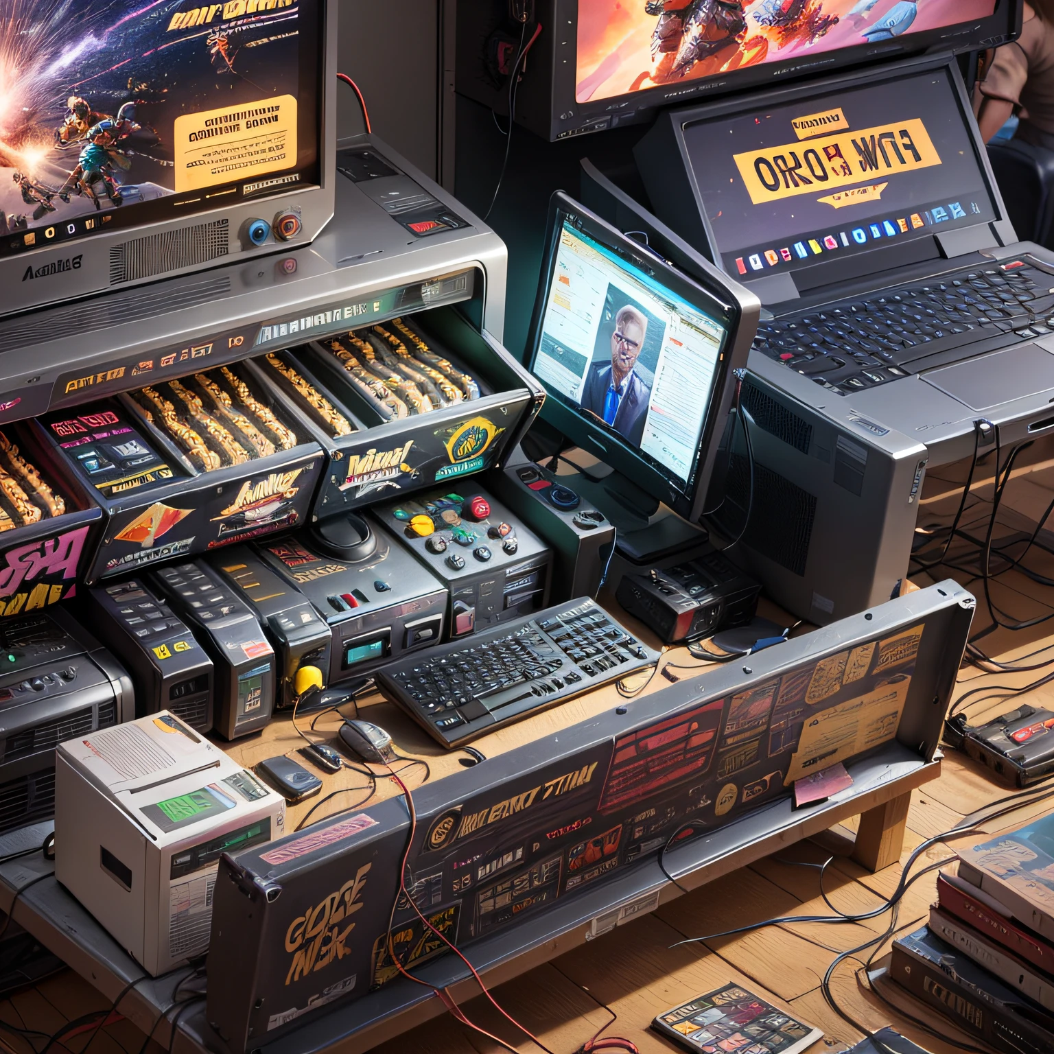 A retrofuturism scene of a wired arcade mess on the exploding macbook, mechanical delay, wiring components, Ultrago Austin Metal Wiring, --auto --s2