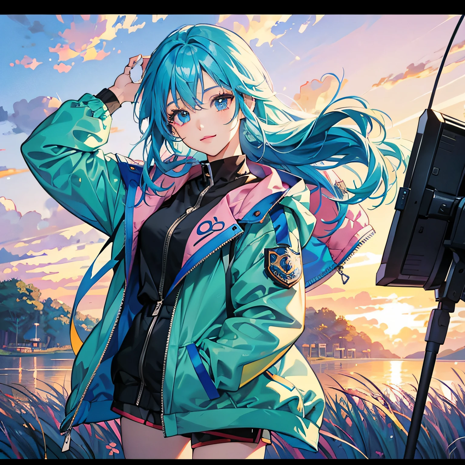a girl with a bright hair and a blue jacket looks at the camera, inspired by Yuumei, digital anime art, colorful digital painting, rossdraws cartoon vibrant, anime style 4 k, alice x. zhang, by Yuumei, digital anime illustration, beautiful anime portrait, vibrant digital painting, detailed digital anime art, anime digital art --auto
