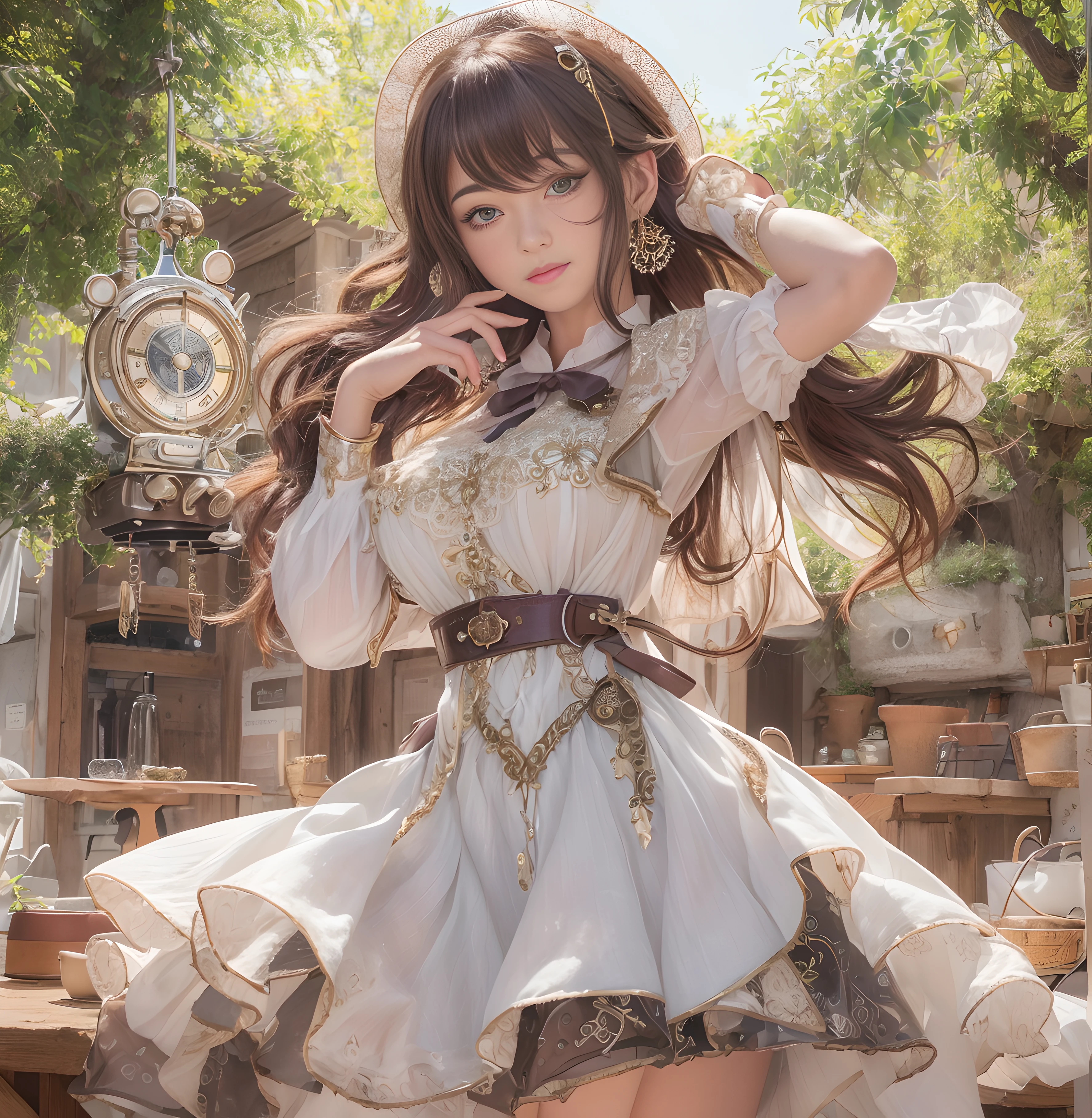 ((best quality)), ((masterpiece)), , majestic intricately detailed BREAK,(face in frame:1.2), highly detailed stunningly gorgeous woman beautiful voluptuously with (big breast and buttocks:0.8), (coffee shop:1.2, wooden bar counter:1.2, steampunk environment:1.2, complex backgrounds:1.2), long wavy hair, (white head bow:1.2, intricated white mini dress with bouffant sleeves:1.2), (perfect eyes:1.2), (perfect face:1.2), (perfect hands:1.2), (perfect fingers:1.2), (perfect legs:1.2), (toned physique:1.2), high quality RAW photograph, bold and attractive features, hyper detailed, hyper realistic, amazing and beautiful, Hasselblad 35mm lens, f/4, ISO 400, (lifting up skirt:1.1), medium full shot, skin tight, no_underwear, smiling, character centered in frame (Extremely detailed:1.3), (1girl in:1.2), inside in room, (courtyard:1.3), tree,plant, Trees, (a celestial compass guiding her path), Mystical and wondrous, BREAK Utilizing a wide-angle lens to capture the expansive sky, Added a touch of lens flare