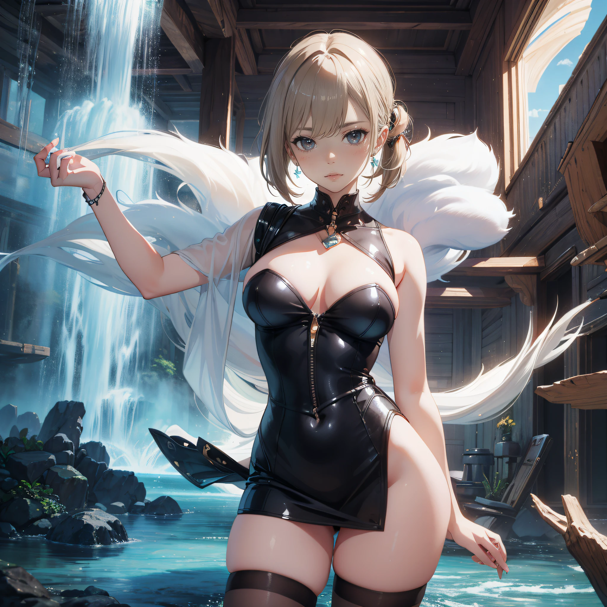 moody artistic masterpiece of a perfect body allure big breasts Lalisa. Surreal photo rendering by AesticV. nsfw. (enchanted and whimsical art style: 1.4). soft translucent art blend dress, sexy design. rockets. strange water fall in theme room. high detail. soft leather detail. 8k, uhd, photorealistic. cute artistic ground pose pose. accurate anatomy.