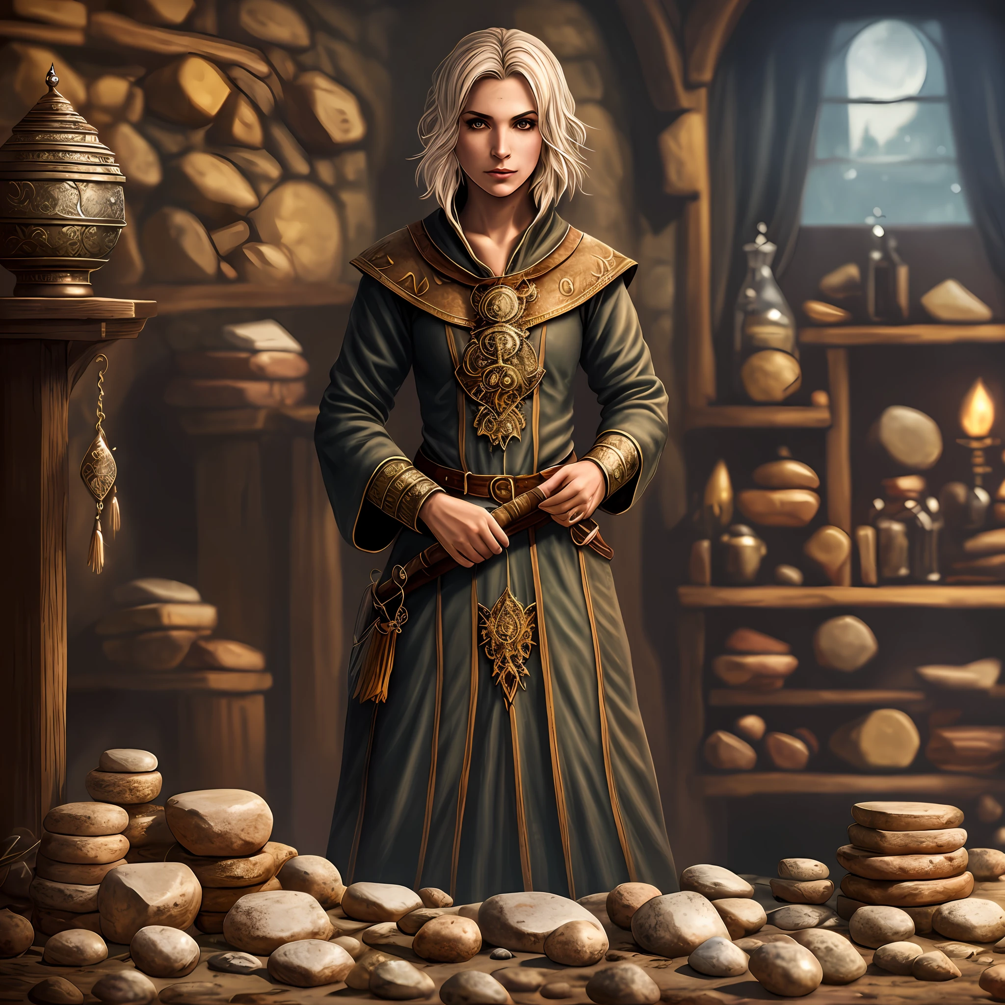 There is a woman standing in a room with stones and a lamp, she is in the potions workshop, Retrato de um mago feminino, arte do jogo de fantasia medieval, Retrato da feiticeira feminina, Retrato de um Mago, fantasy RPG book illustration, female cleric, por Kerembeyit, mother of witchers, retrato do livro do RPG, mago feminino, portrait female elf wizard