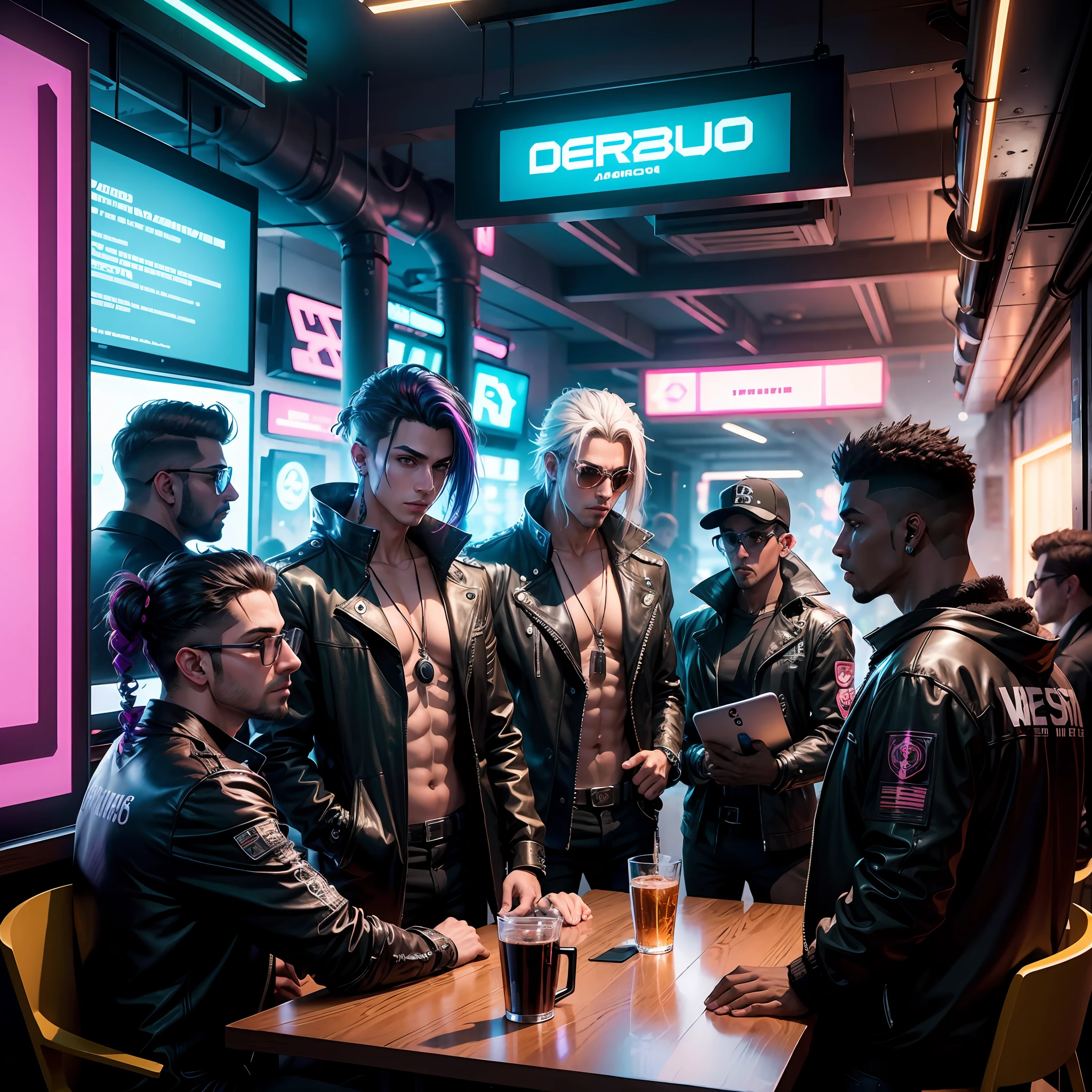 cyberpunk, 8 amigos homens, usando celular e computador, em um bar, Cyberpunk style building, roupas descoladas, Mafia Group, desenho realista, ultra hd, muitos detalhes, luzes neon, hackeando, jogando, Relaxed, rostos masculos e detalhados, detalhes, hambiente cyberpunk, grupo conversando, 8 homens amigos, festa bar, bebidas, embraced with women