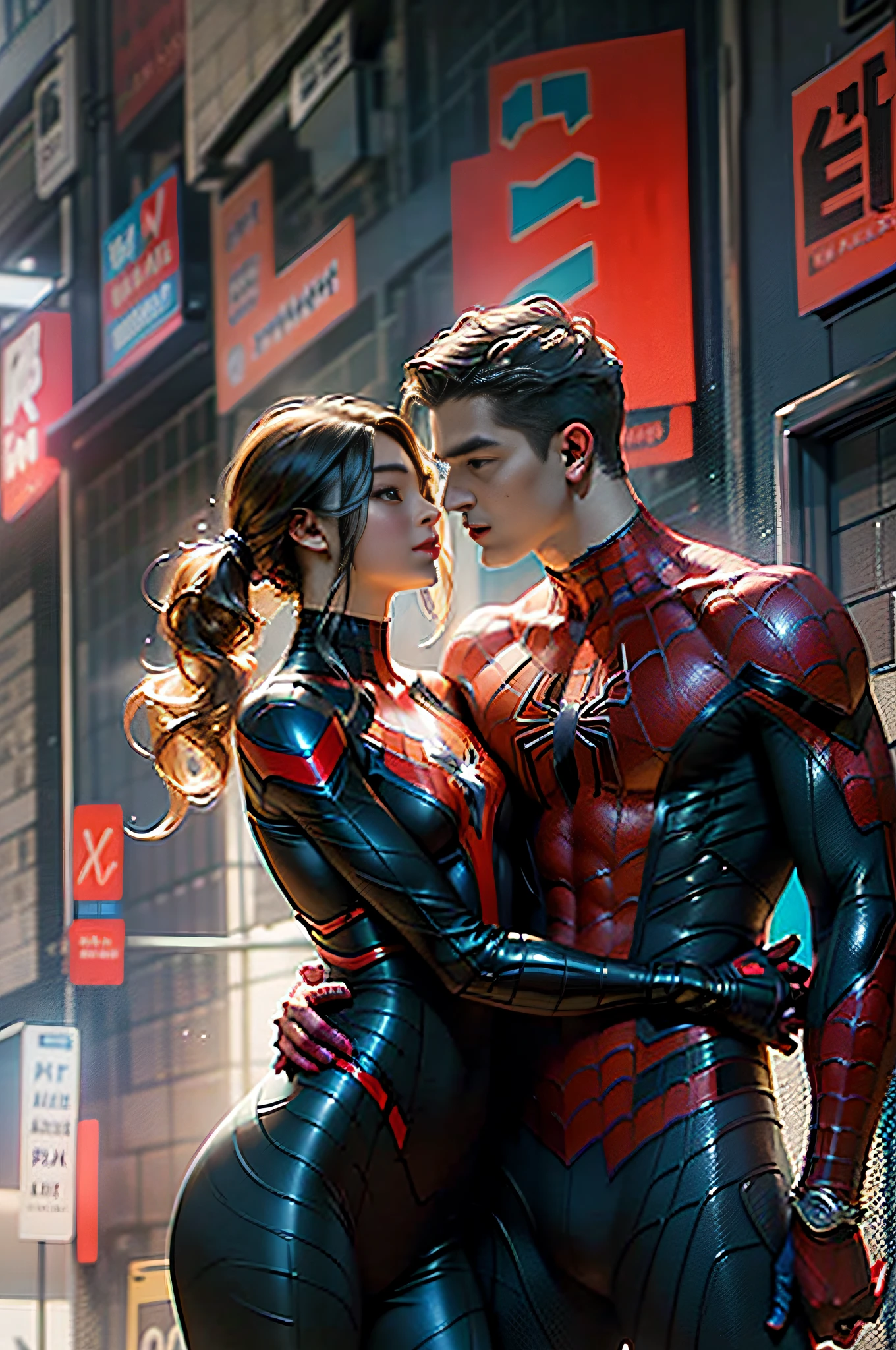 RAW,2people,1girl and 1boy, (A charming 18 year old English girl and boy hugging together: 1.5), (no mask, showing face: 2), handsome, Spider-Man classic pose, shooting spider silk, masterpiece, super fine photo, best quality, super high resolution, photorealistic photo, sunny handsome, full body portrait, delicate face, vibrant eyes, (viewed from the side), she is wearing a futuristic Steel Woman Spider-Man costume, very detailed background, detailed face, detailed complex busy background, highly detailed skin, realistic skin details, visible pores, sharp focus, volumetric fog, 8k UHD, DSLR, high quality, film grain, photo realism, wheat skin,