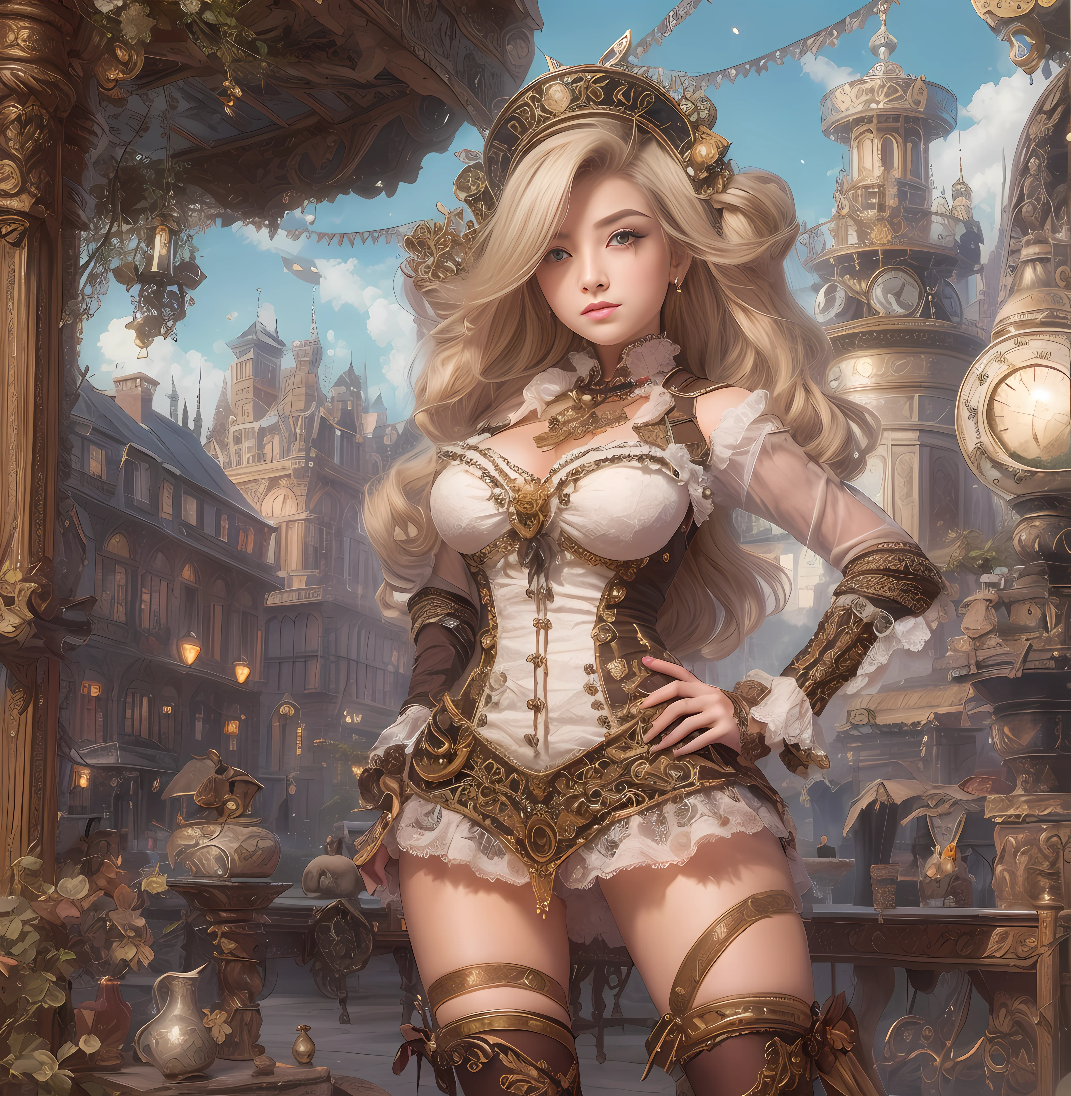 ((best quality)), ((masterpiece)),  , majestic intricately detailed BREAK,(face in frame:1.2), highly detailed stunningly gorgeous woman beautiful voluptuously with (big breast and buttocks:0.8), (coffee shop:1.2, wooden bar counter:1.2, steampunk environment:1.2, complex backgrounds:1.2), long wavy hair, (white head bow:1.2, intricated white mini dress with bouffant sleeves:1.2), (perfect eyes:1.2), (perfect face:1.2), (perfect hands:1.2), (perfect fingers:1.2), (perfect legs:1.2), (toned physique:1.2), high quality RAW photograph, bold and attractive features, hyper detailed, hyper realistic, amazing and beautiful, Hasselblad 35mm lens, f/4, ISO 400, (lifting up skirt:1.1), medium full shot, skin tight, no_underwear, smiling, character centered in frame (Extremely detailed:1.3), (1girl in:1.2), inside in room, (courtyard:1.3), tree,plant, Trees, (a celestial compass guiding her path), Mystical and wondrous, BREAK Utilizing a wide-angle lens to capture the expansive sky, Added a touch of lens flare