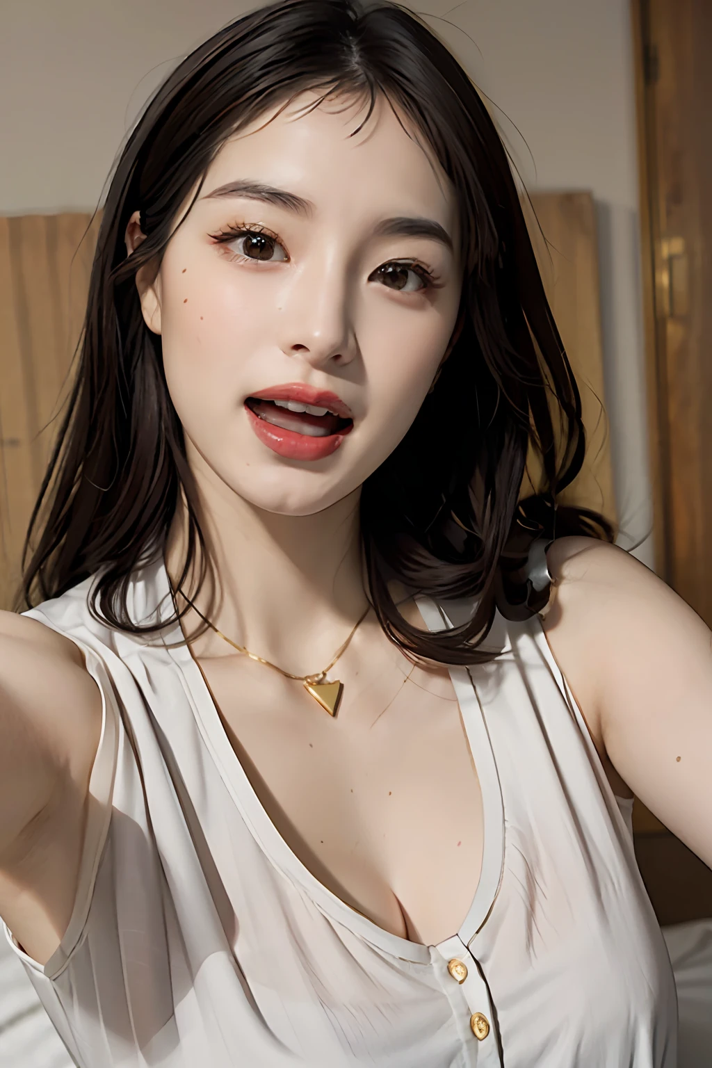 masterpiece、top-quality、realisitic、(A hyper-realistic), (illustratio), (hight resolution), (8K), (ighly detailed), (The best illustrations), (beatiful detailed eyes), (top-quality), (ultra-detailliert), (masterpiece), (wall-paper), (详细的脸), a bed、Upper body close-up,Armpit, A smile,Plump,独奏,(Wearing a pink silk plunged open shirt:1.5), full of sweat, japanes, large full breasts, (camel's toe)、huge-breasted、Luxury living room、Detailed white teeth、ultimate beauty girl、No bra、(Thick necklace of gold)、perfect teeth、Brown hair、Light makeup、Navel、Beautiful huge areola、Open your mouth wide、stick all tongues out of the mouth、