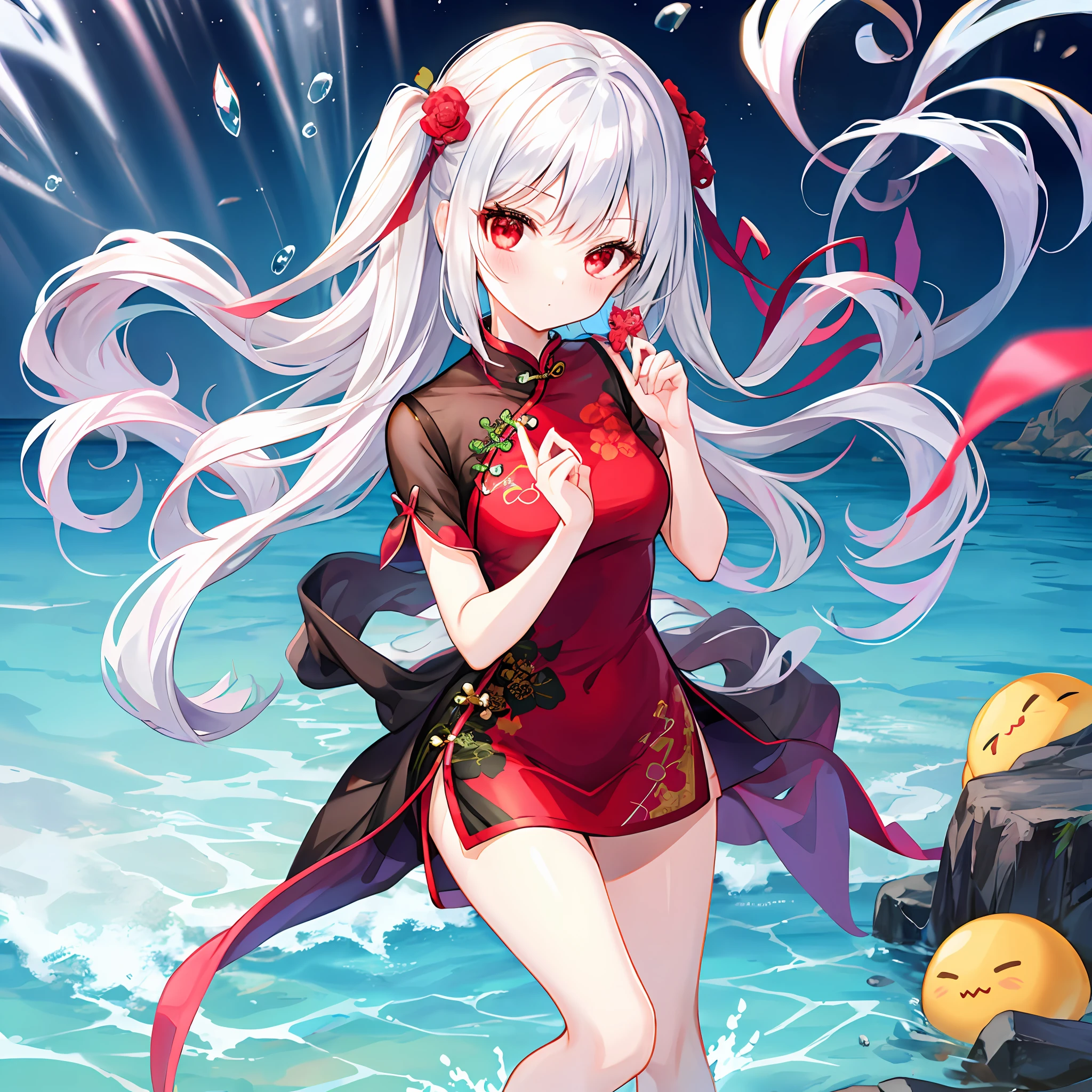 One beautiful girl with silver hair、red eyes、qipao dress、a miniskirt、