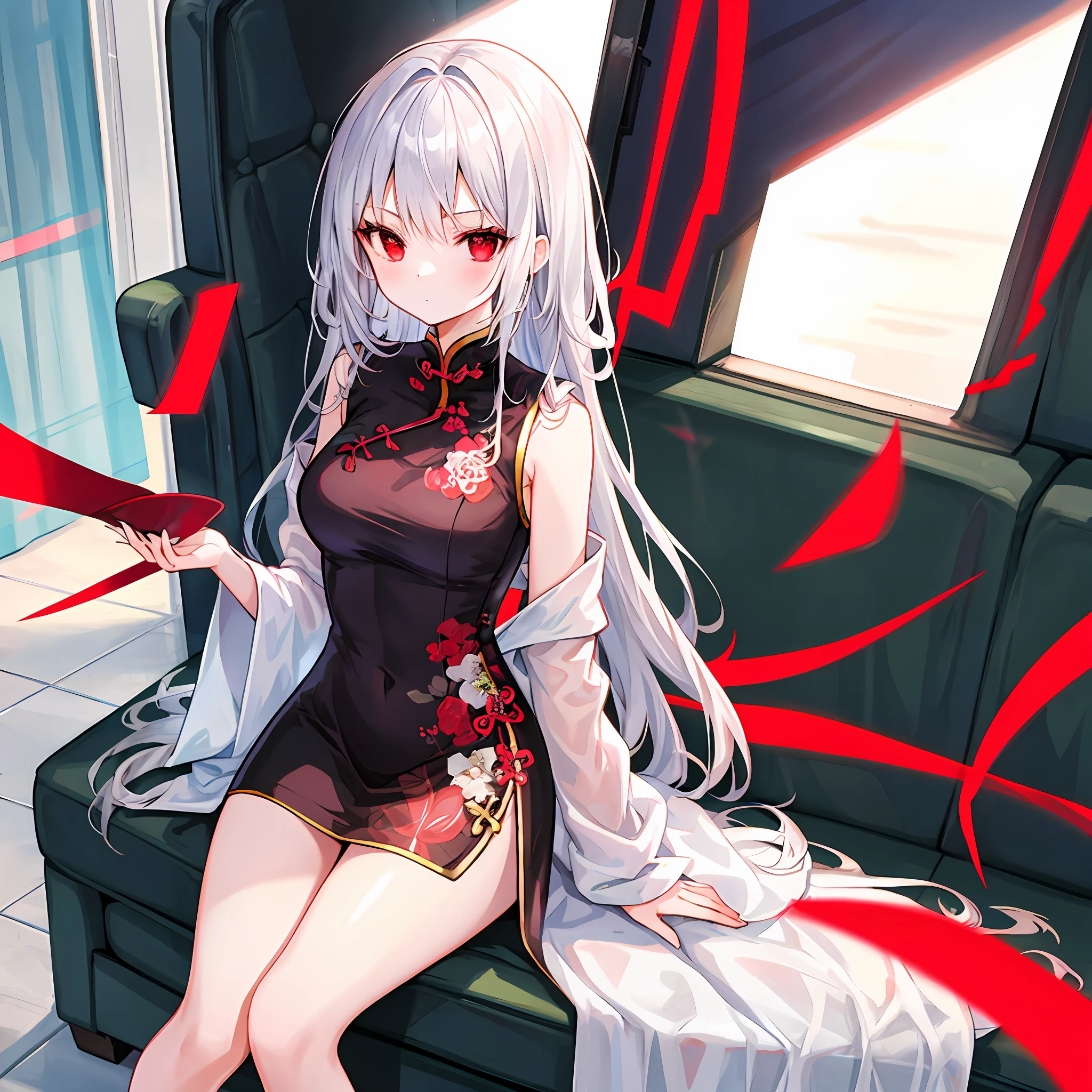 One beautiful girl with silver hair、red eyes、qipao dress、sitting on