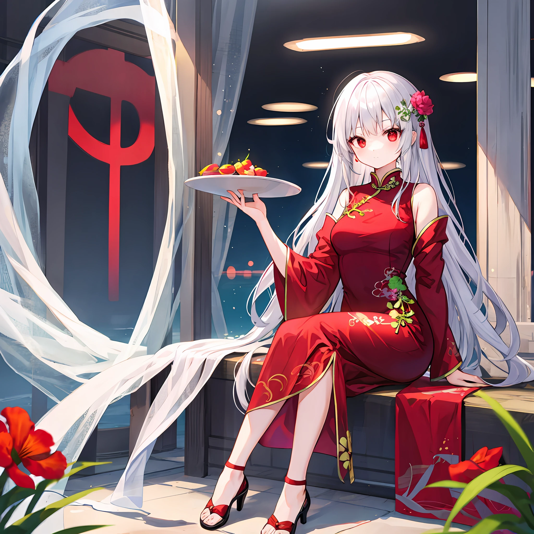 One beautiful girl with silver hair、red eyes、qipao dress、sitting on