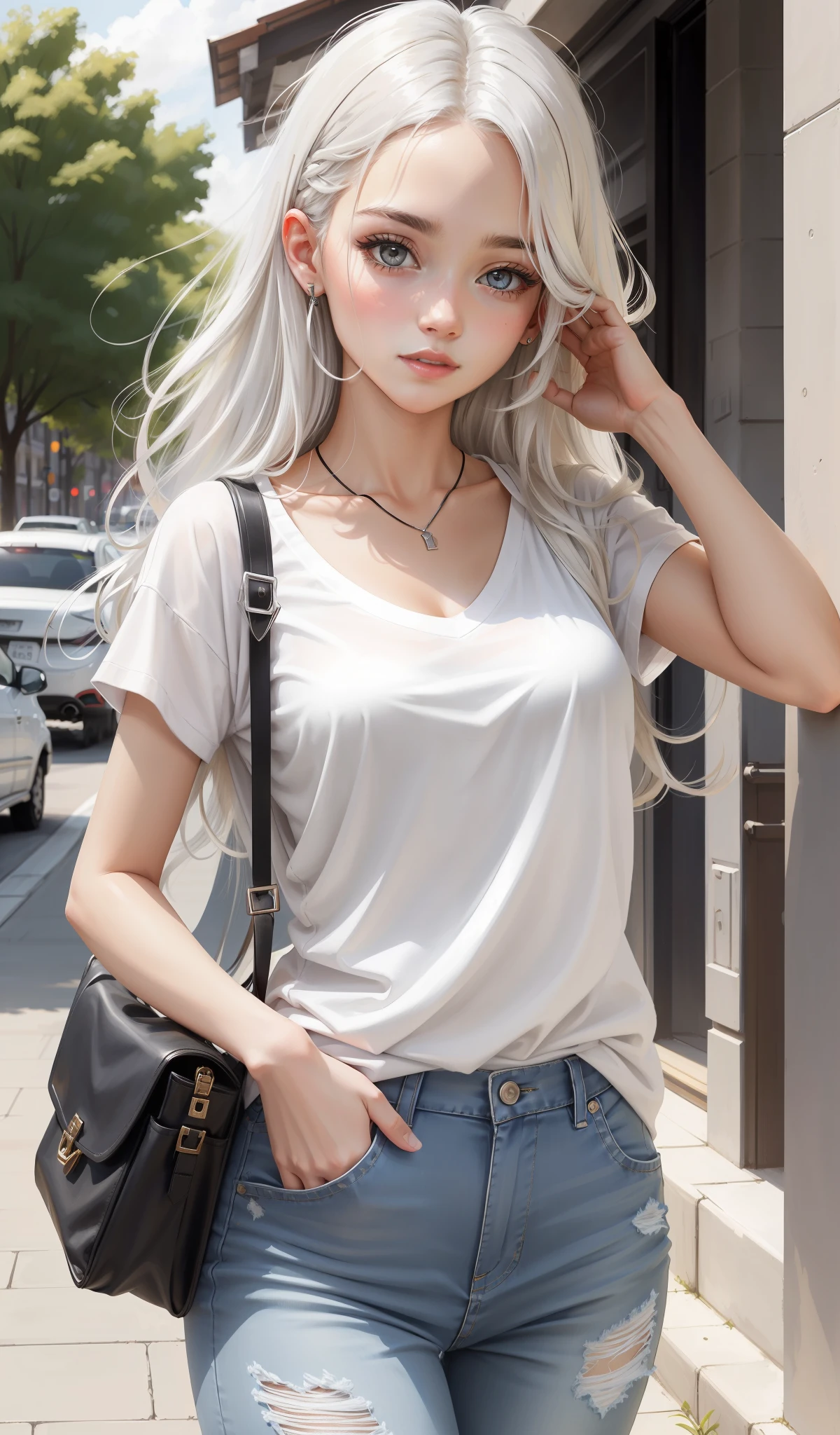 Woman in a casual white T-shirt with black ripped jeans, long white hair, gleaming detailed grey eyes, cute face,