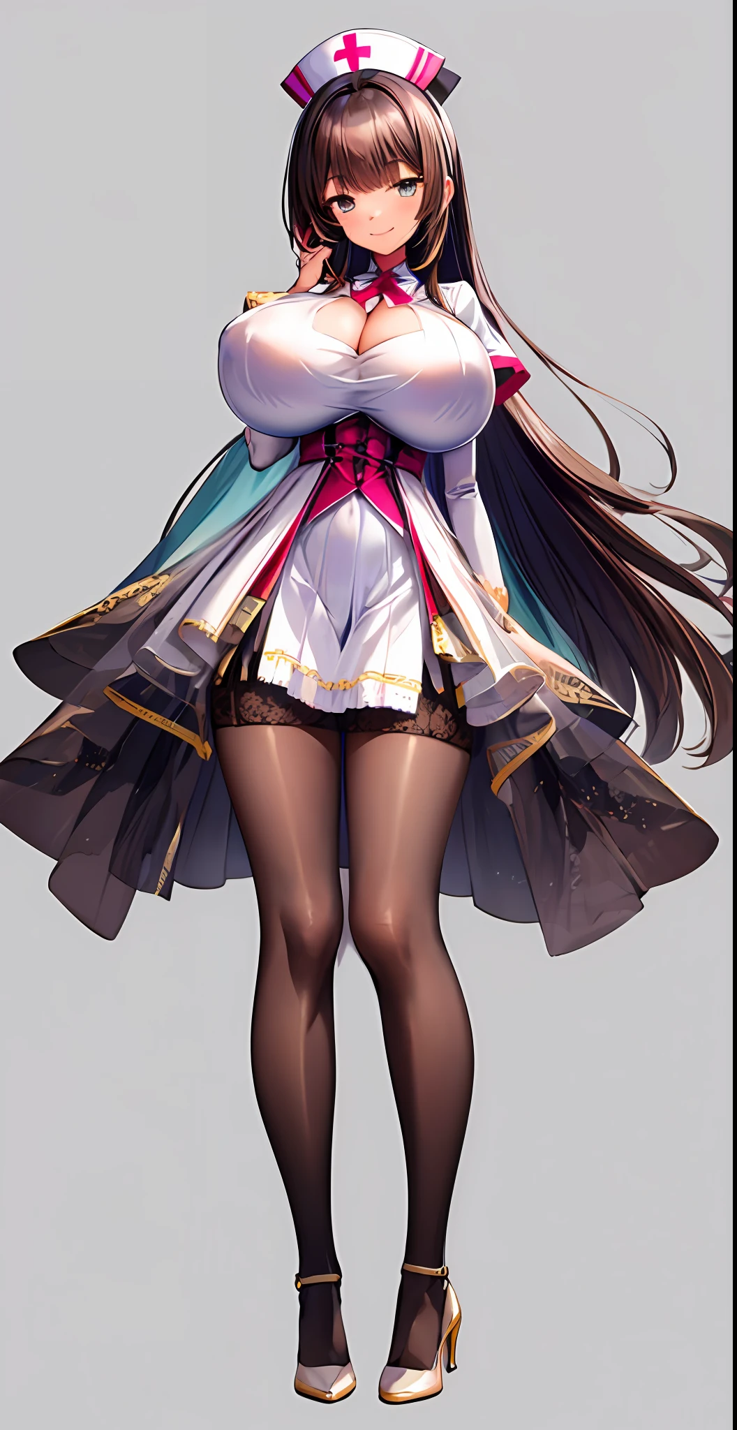 Masterpiece, best quality, 1girl, nurse, huge breasts, cleavage, smile, white outfit, hanging breasts, short skirt, tights, nattow waist, white garters, full body, high heels, transparent background