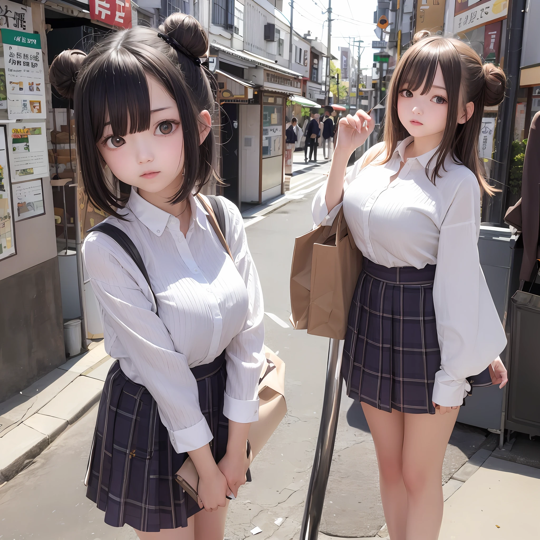 The upper part of the body、女の子1人、A dark-haired、Bun hair、mansion、Purple Eye、blazers、Open shirt、a short skirt、Very large breasts、Chest、Japan anime-style odd-eye, rain falling
