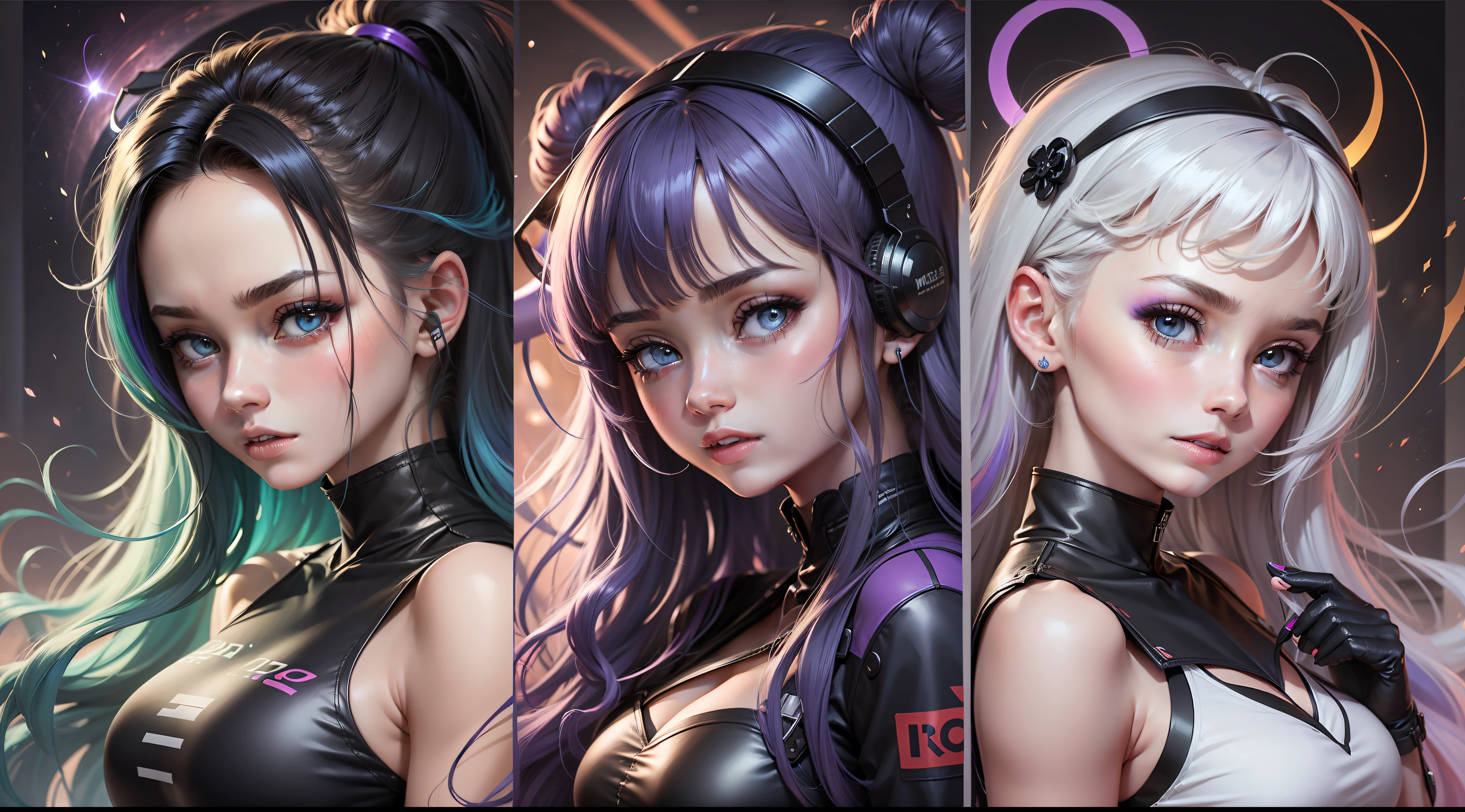 Mulher ninja com fone de ouvido sentido paz, olhos fechados, rosto bonito, cores RGB, cabelo roxo brilhante, colorido anime, fundo brilhante, Banner for youtube video, feliz, nuvens com cores RGB, cores RGB brilhantes, completo, ser celestial, garota gamer.