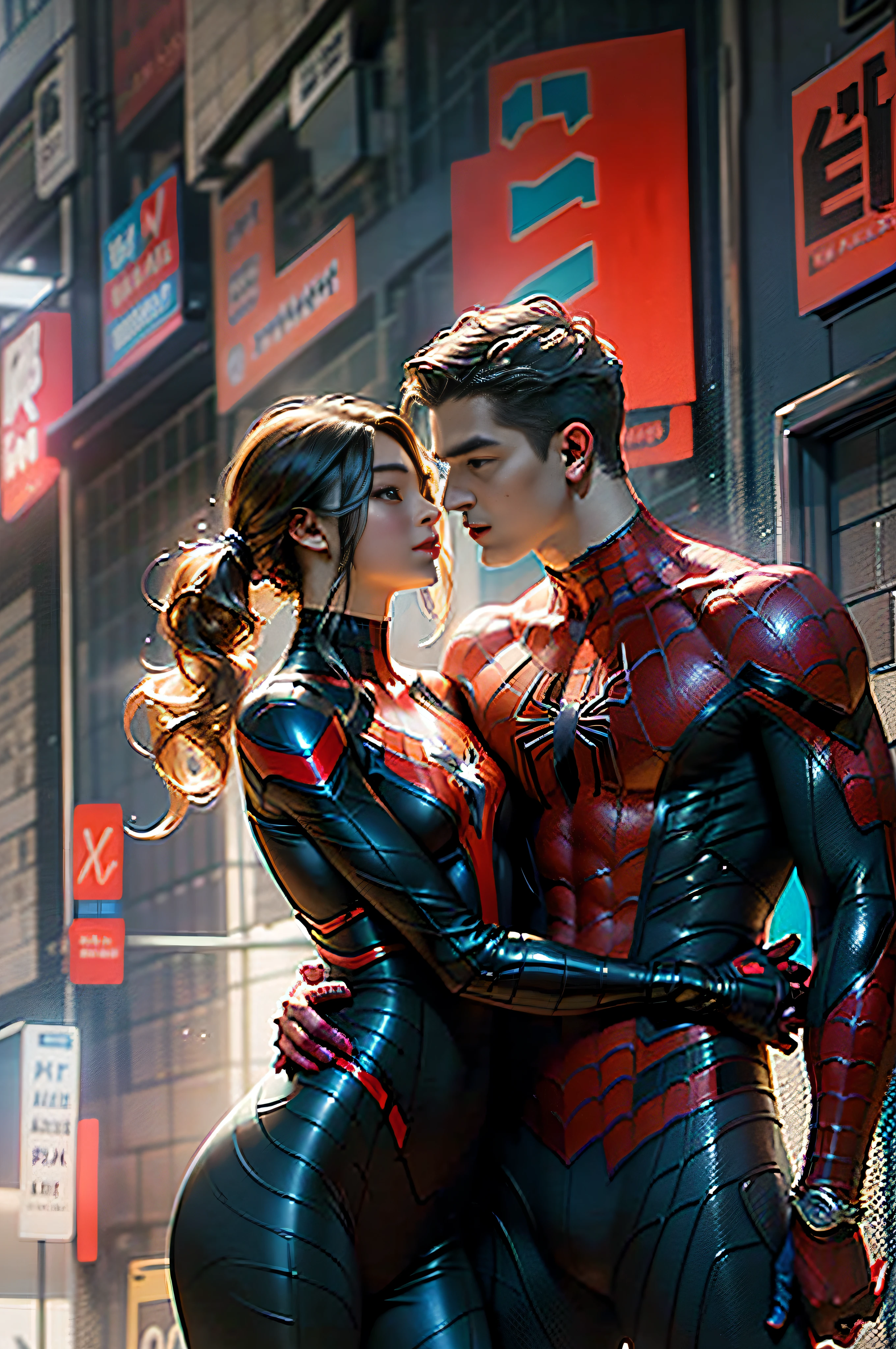 RAW,2people,1girl and 1boy, (A charming 18 year old English girl and boy hugging together: 1.5), (no mask, showing face: 2), handsome, Spider-Man classic pose, shooting spider silk, masterpiece, super fine photo, best quality, super high resolution, photorealistic photo, sunny handsome, full body portrait, delicate face, vibrant eyes, (viewed from the side), she is wearing a futuristic Steel Woman Spider-Man costume, very detailed background, detailed face, detailed complex busy background, highly detailed skin, realistic skin details, visible pores, sharp focus, volumetric fog, 8k UHD, DSLR, high quality, film grain, photo realism, wheat skin,