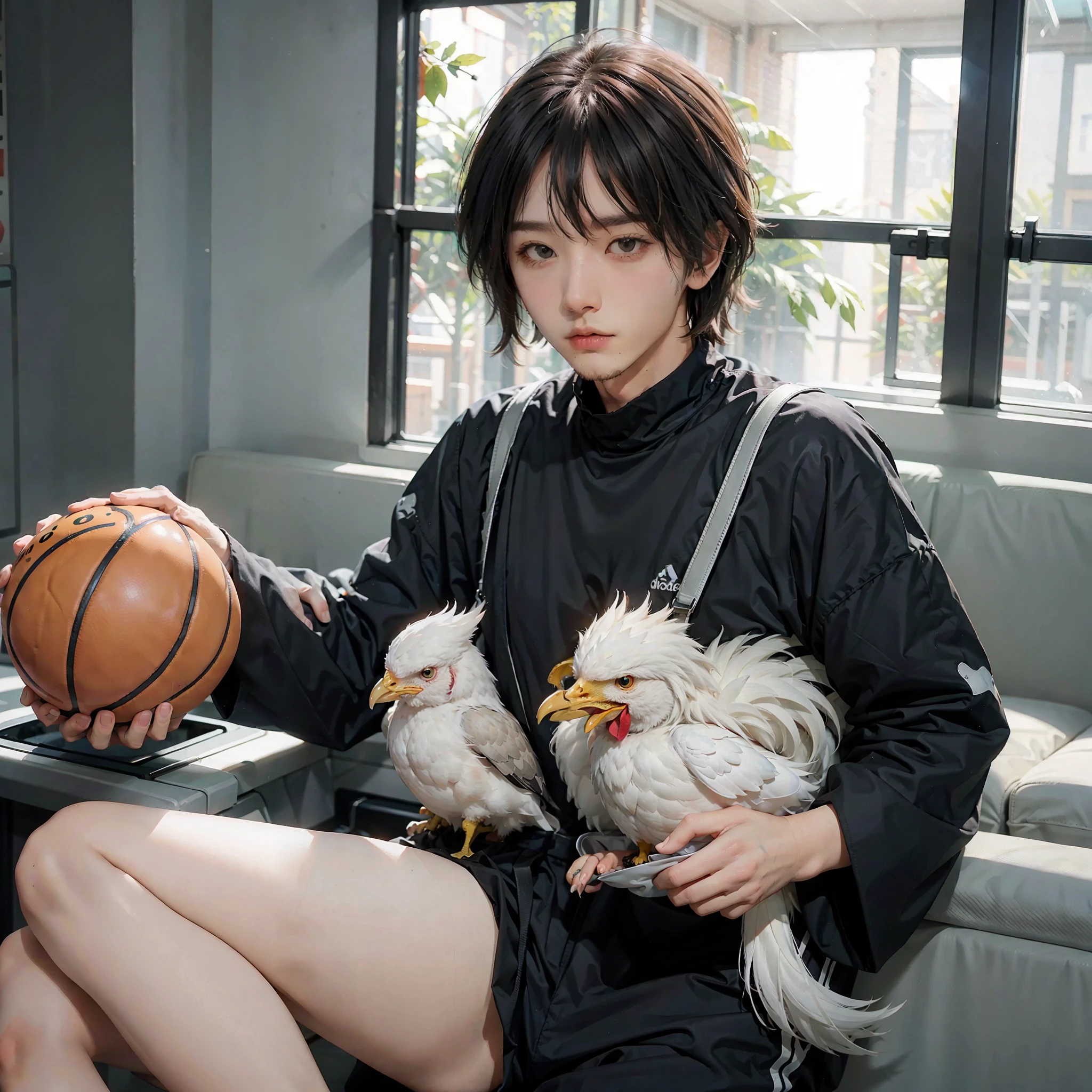 White middle split,Black clothes, silver suspenders, playing basketball,A two-dimensional handsome guy with a chicken next to him --auto