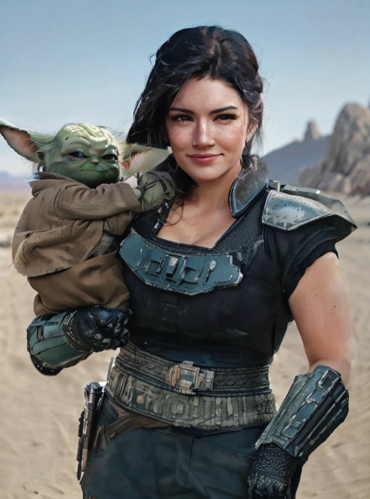 ((realism)), extremely high quality RAW photograph, detailed background, intricate, Exquisite details and textures, highly detailed, Photo of (Gina Carano) as Cara Dune, smiling, holding  Yoda, Looking behind the camera, ultra detailed photograph, desert background, day lighting, artstation, 4k, sharp focus, high resolution, detailed skin, detailed eyes, 8k uhd, dslr, low harsh lighting, high quality, film grain, Fujifilm XT3,