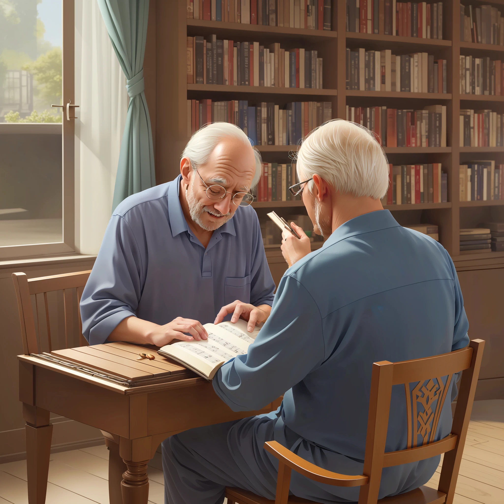 dois homens idosos sentados em uma mesa com um livro e um piano, High quality 3D illustration, arte renderizada com detalhes impressionantes, vibrant colors and incredible realism.