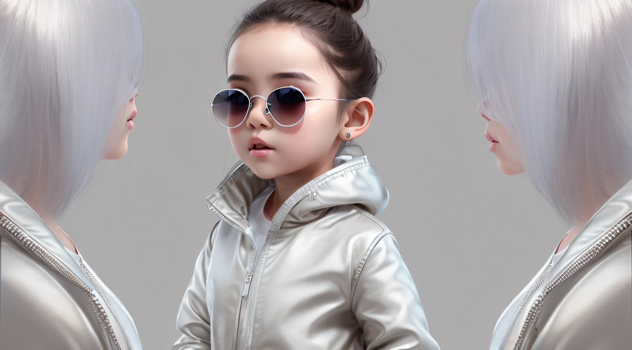 masterpiece, best quality, realistic, girl child dark hair of bun and sunglasses, long hair, SILVER JACKET, broad shoulders, small head, upper body, (white background: 1.3), mouth closed.