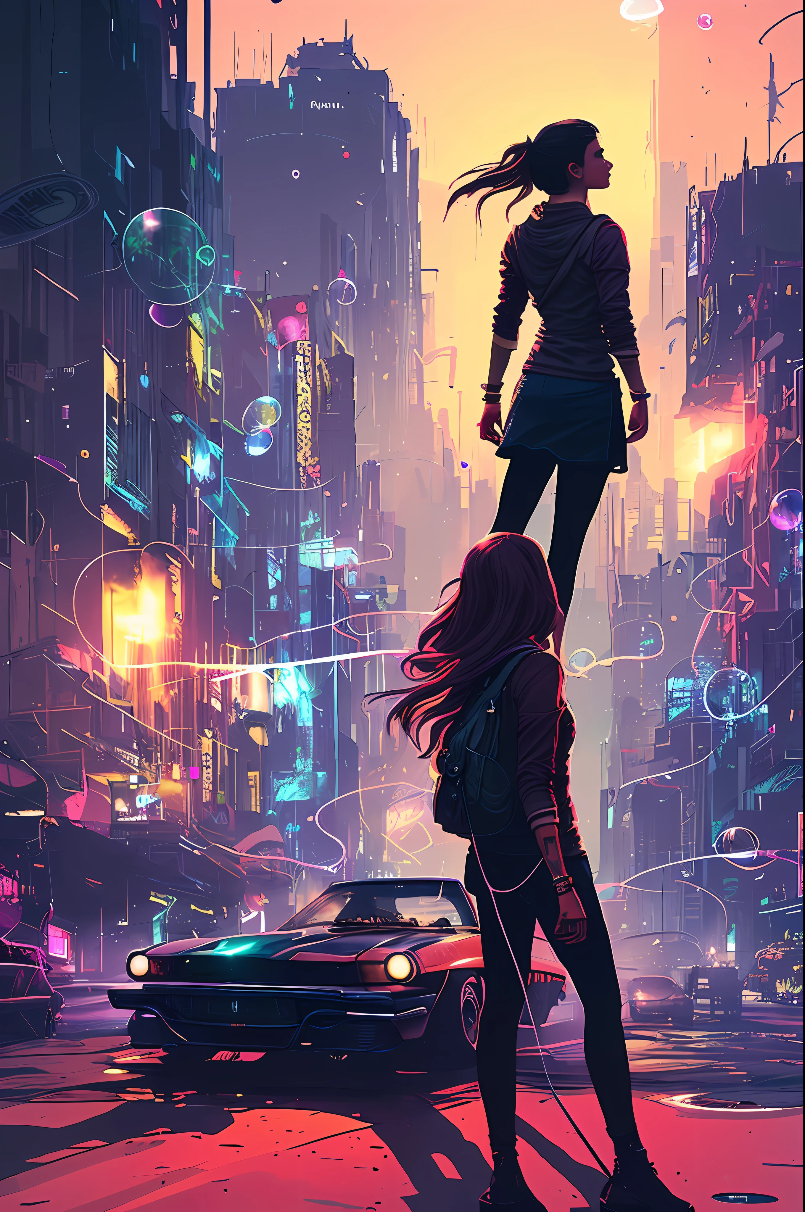 snthwve style nvinkpunk beautiful woman looking to a colorfull wasted city, (hallucinating colorful soap bubbles), by jeremy mann, by sandra chevrier, by dave mckean and richard avedon and maciej kuciara, punk rock, tank girl, high detailed, 4k, RTX