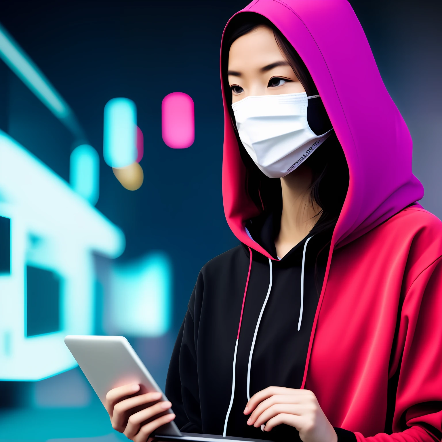 Young, hacker, woman, portrait with mask wearing sweatshirt cover
