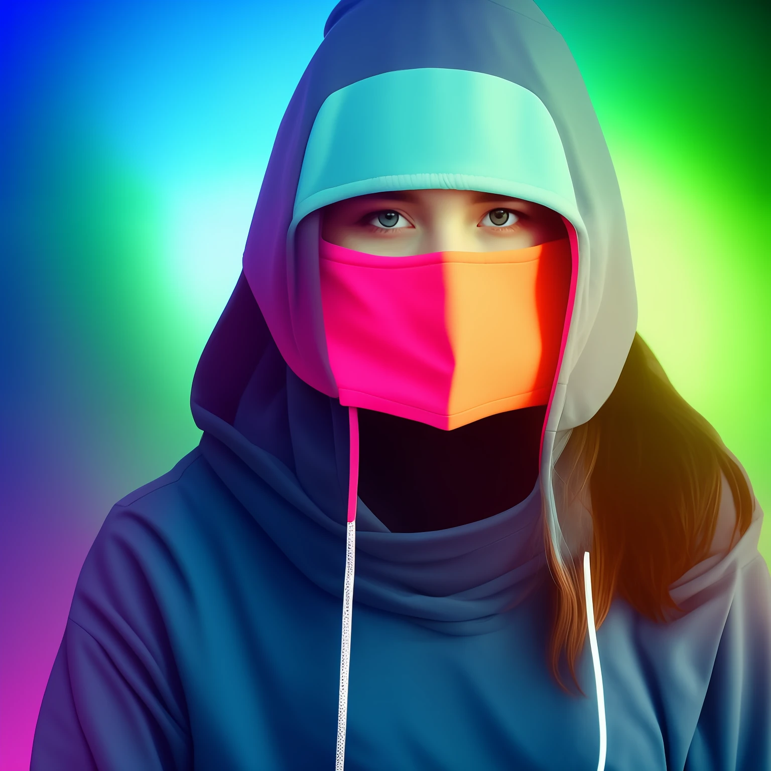 Young, hacker, woman,  portrait with mask wearing sweatshirt cover