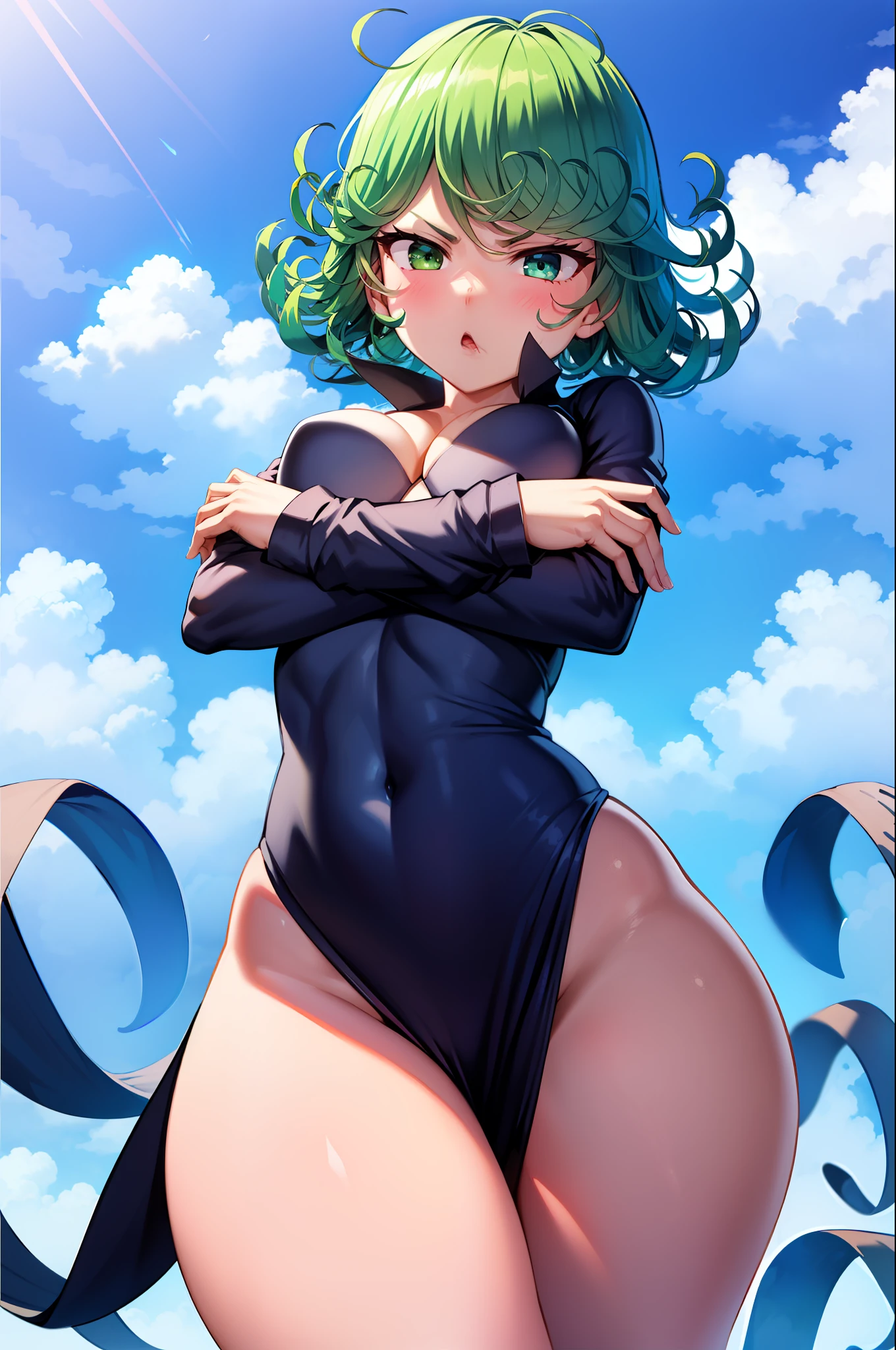 (masterpiece, best quality: 1.2), cowboy shot, solo, 1girl, tatsumaki, angry, mouth shut, looking at the viewer, arms crossed, black dress, blue sky, clouds, wide hip, thick thighs, defined body, big ass, white panties.