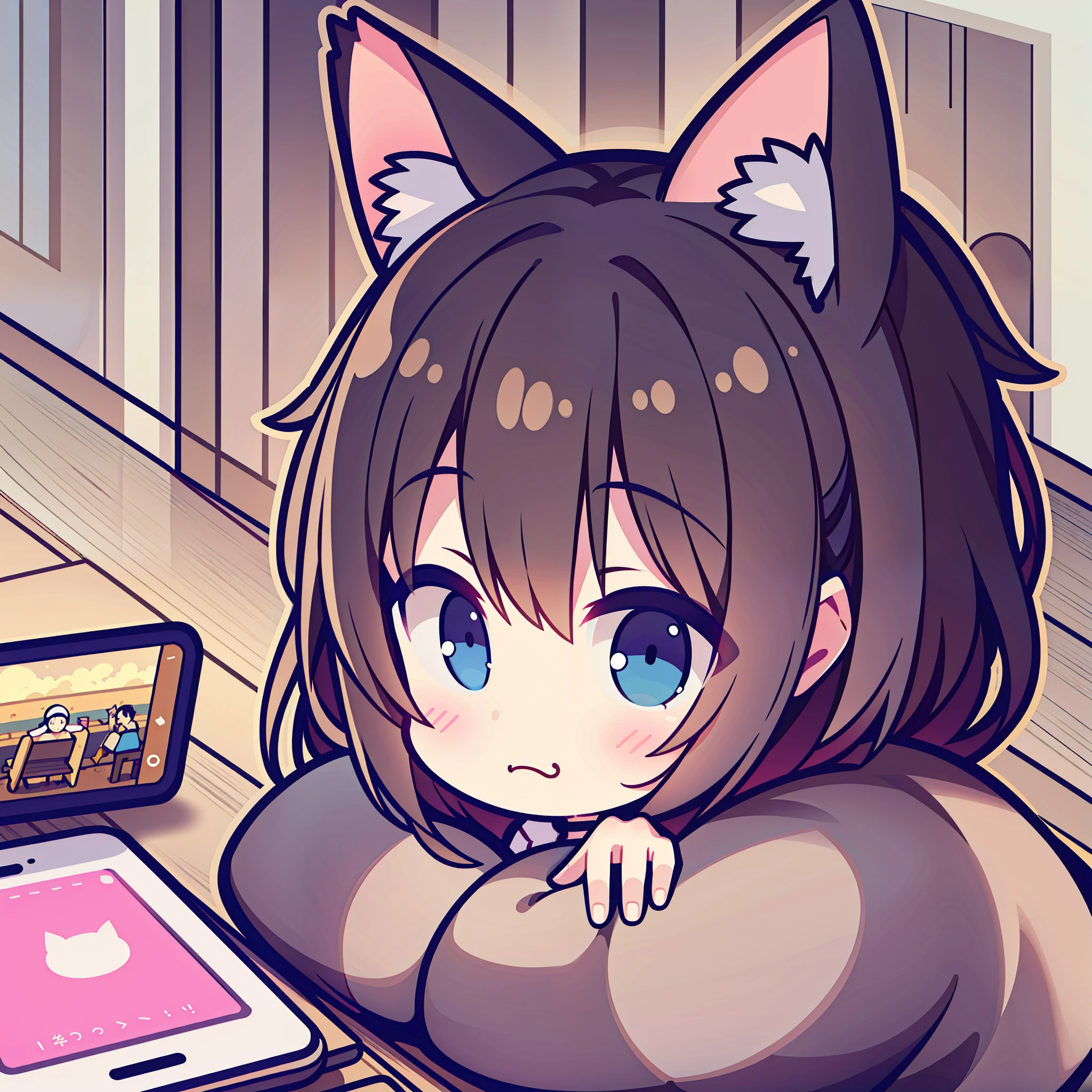 1girl in、Cat's ears、((tchibi))、Shy face、Smartphone Holder、White background