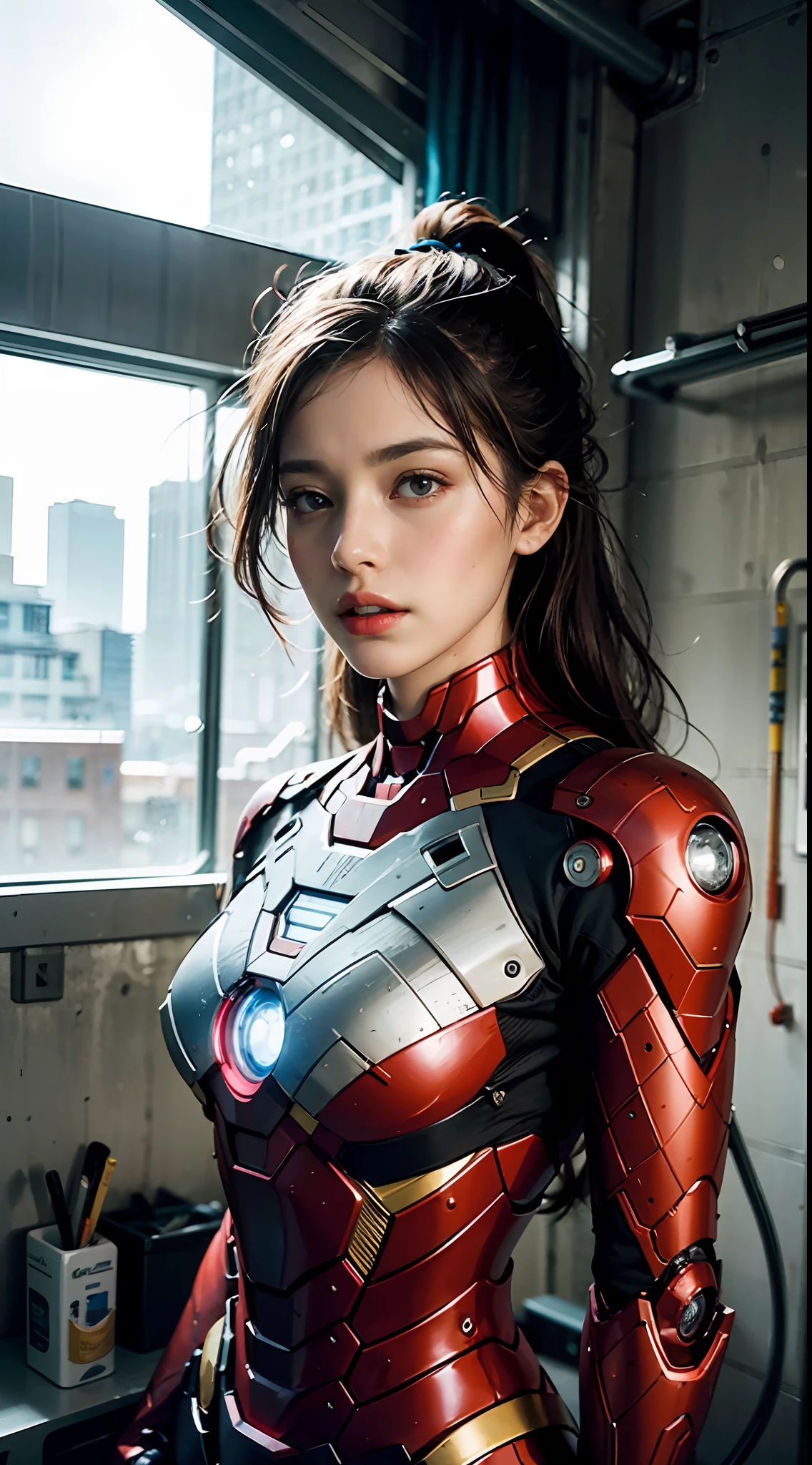 (1girl:1.3), solo,__body-parts__, official art, unity 8k wallpaper, ultra detailed, beautiful and aesthetic, beautiful, masterpiece, best quality, RAW, masterpiece, super fine photo,, best quality, super high Resolution, photorealistic, sunlight, full body portrait, stunningly beautiful,, dynamic pose, delicate face, vibrant eyes, (side view), she is wearing a futuristic Iron Man mech, red and gold, Highly detailed abandoned warehouse background, detailed face, detailed complex busy background, messy, gorgeous, milky, high detailed skin, realistic skin details, visible pores, sharp focus, volumetric fog, 8k uhd, dslr camera, High quality, film grain, fair skin, photorealism, lomography, sprawling metropolis in a futuristic dystopia, view from below, translucent