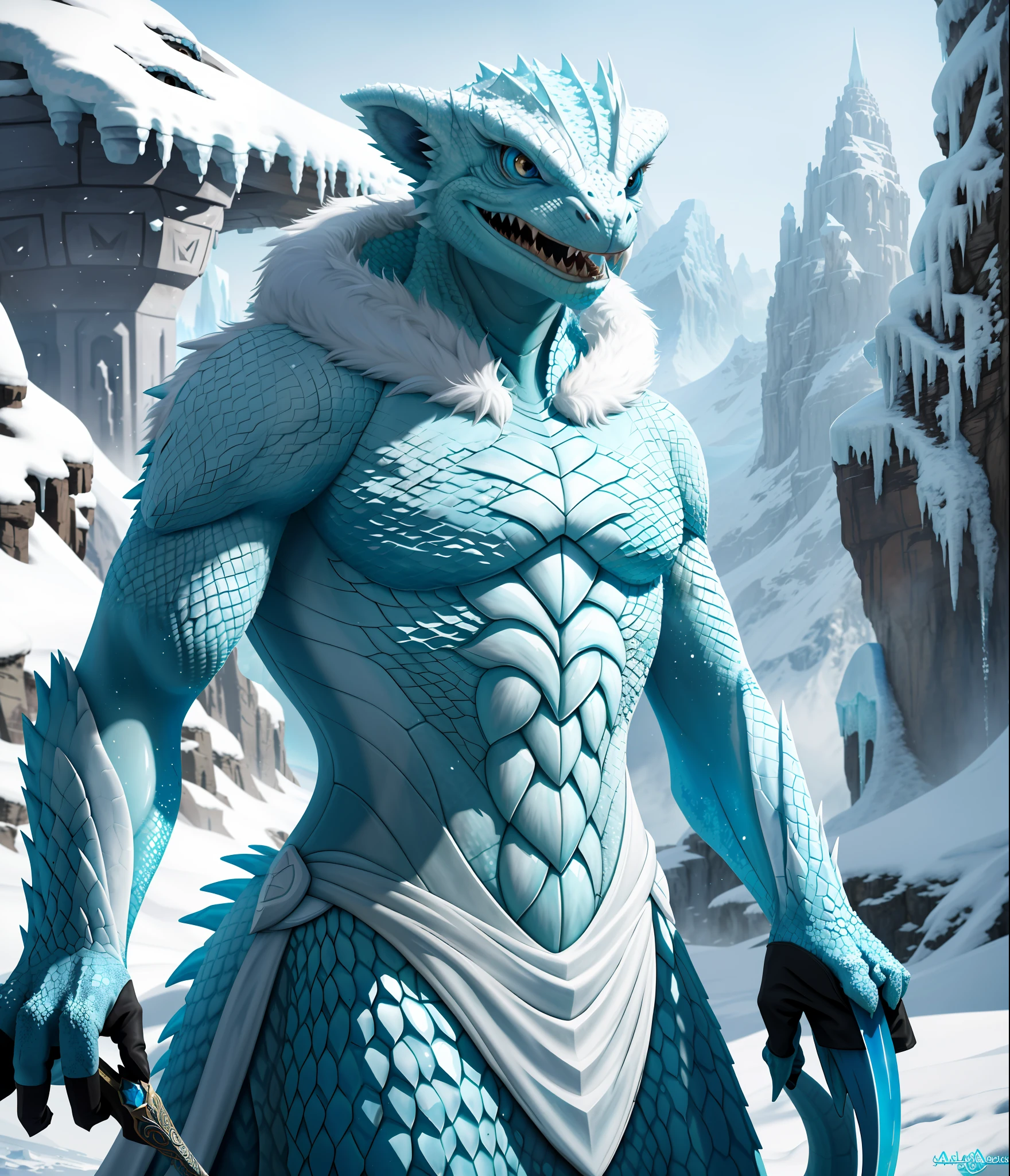 (in dripping art style) Snow-on-Scales, A fur-less, cold-blooded reptile with icy blue eyes that comes from the frozen, far-north, and in-all-likelihood legendary continent of Atmora? Bah. I refuse to believe it., dripping ice fire, Masterpiece, Best Quality