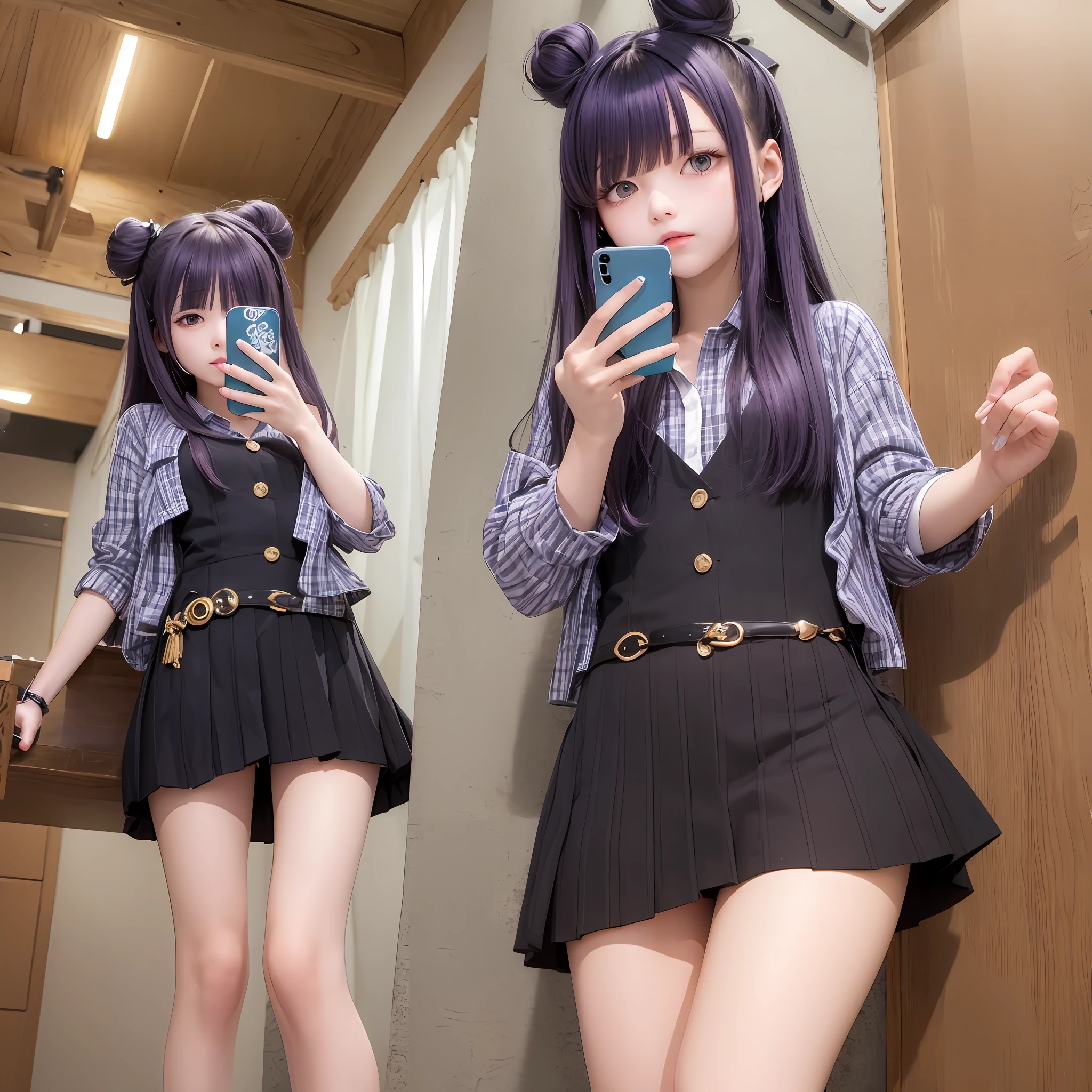 The upper part of the body、1人、Golden bristles、Bun hair、mansion、Purple Eye、Emphasis on the chest、Open shirt、a short skirt、Holding a mobile phone、Japan anime-style odd eye spell,top-quality、TOKYOcty、
