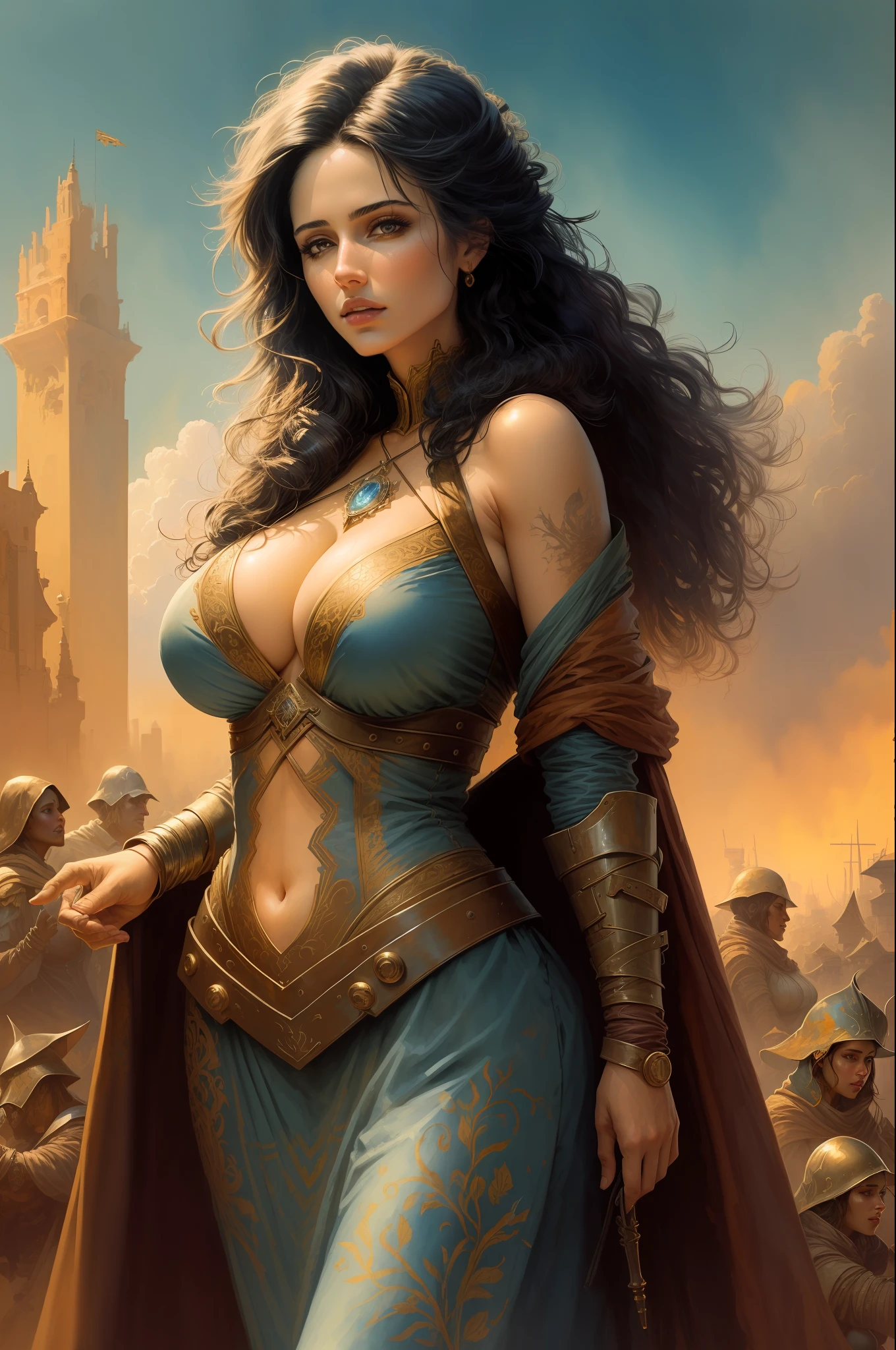 Sexy figure,(masterpiece), best quality, (extremely detailed),(watercolor), illustration, (hero view),(1girl:1.4), (arms squeezing breast, big breast), (large breasts:1.2), (underboob:1.2), ((dark skin:0.8)), beautiful eyes, (disheveled hair ), photography, by loish, art by loish, watercolour, professional, bokeh, desaturated, (medieval background: 1.1), (Yennefer : 1.7)