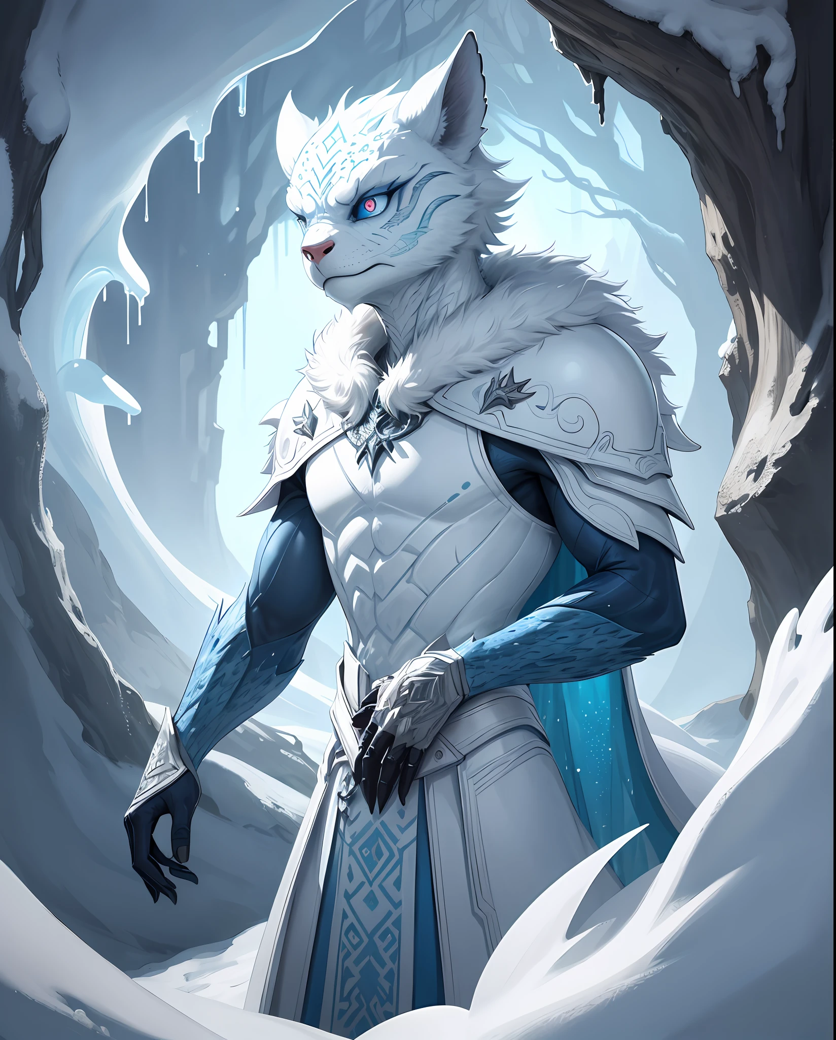 (in dripping art style) Snow-on-Scales, A fur-less, cold-blooded reptile with icy blue eyes that comes from the frozen, far-north, and in-all-likelihood legendary continent of Atmora? Bah. I refuse to believe it., dripping ice fire, Masterpiece, Best Quality