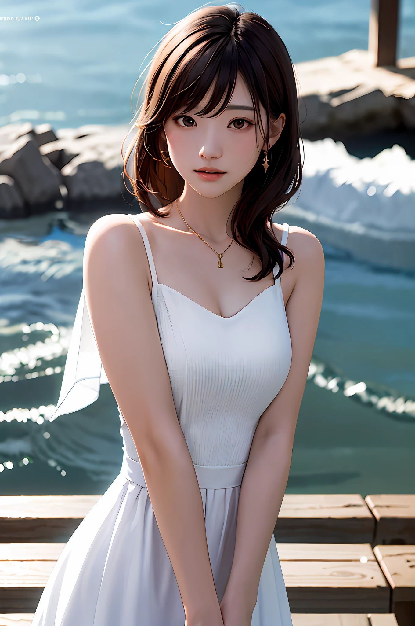 Best Quality, Masterpiece, High Resolution, 1 Girl, Long White Dress, Hair Accessories, Masonry Necklace, Beautiful Face, Drawing Standing in the Heart of the Coast, Physics, Tyndall Effect, Edge Lighting, Two-tone Lighting, (High Detail Skin: 1.2), 8k UHD, DSLR, Soft Light, High Quality, Volumetric Light, Photo, High Resolution, 4K, 8K, Background Blur