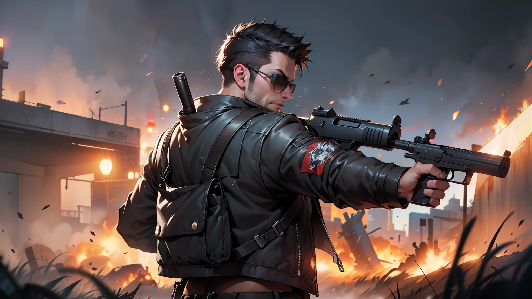A guy wearing black jacket and sunglasses, aiming with a gun to the right, mad max style, shoot from behind of the guy