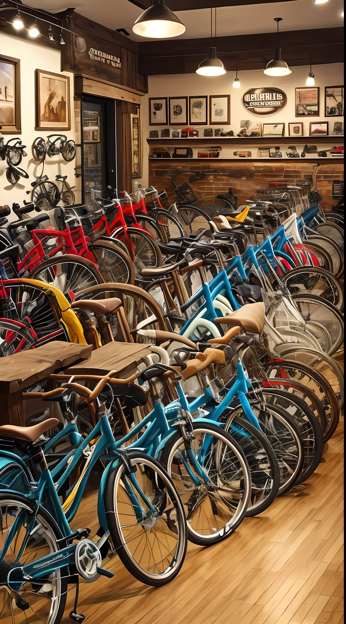 "Vintage bicycle shop with a cozy atmosphere, nostalgic vibes, and an array of colorful bikes on display." --auto