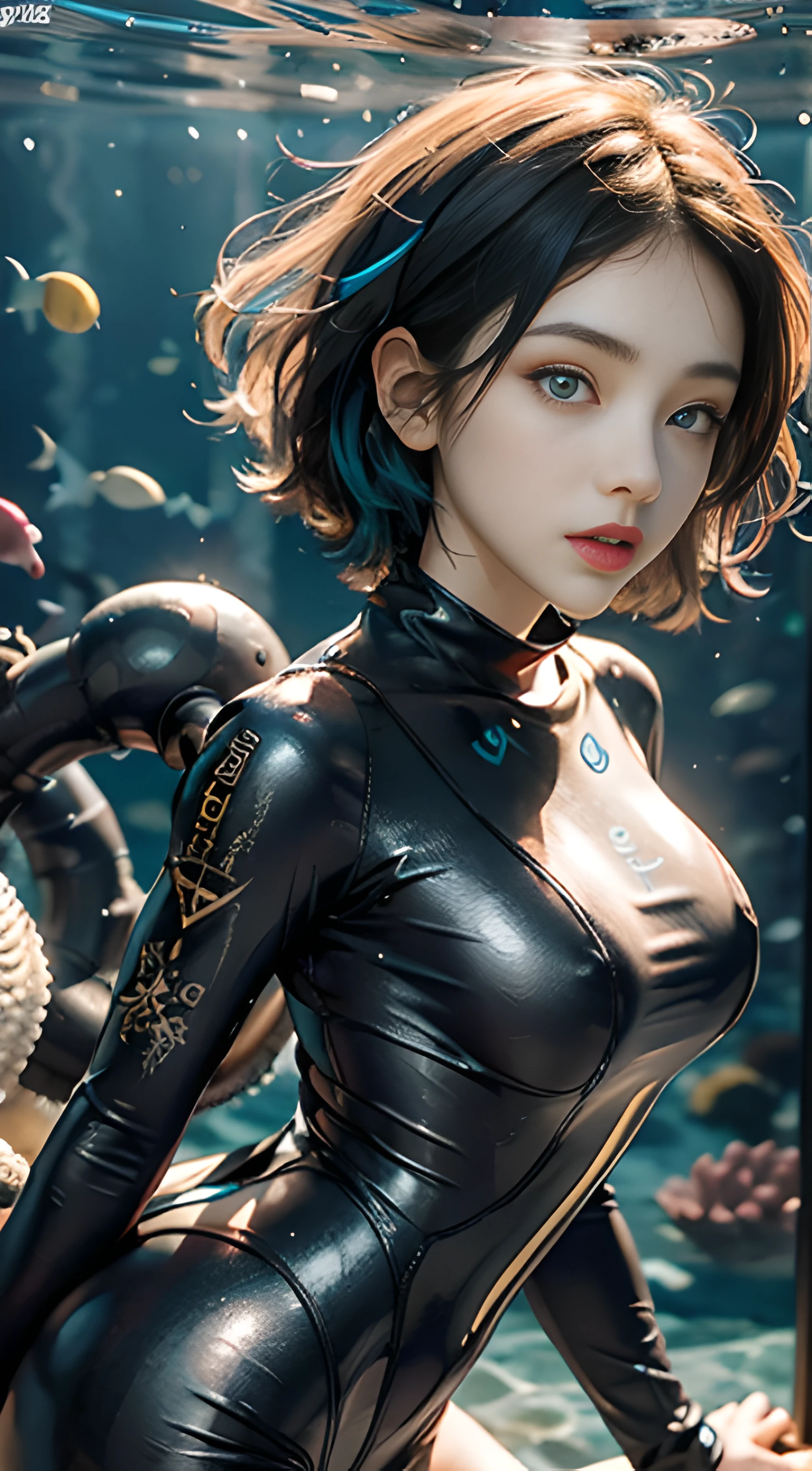 masterpiece, top-quality, ultra-detailliert, illustratio, 1girl in, 独奏, blue eyess, Amber hair, abyssal,Illuminate the seabed with lights Submersible boarding, short-hair, Diving suit, large boob, Narrow waist, Wide buttock,
