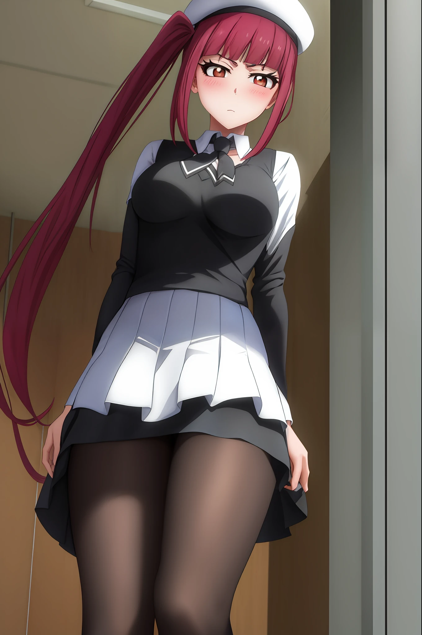 Riruka, (From below), Stockings, Black skirt, school hallway, Medium breasts, Blush