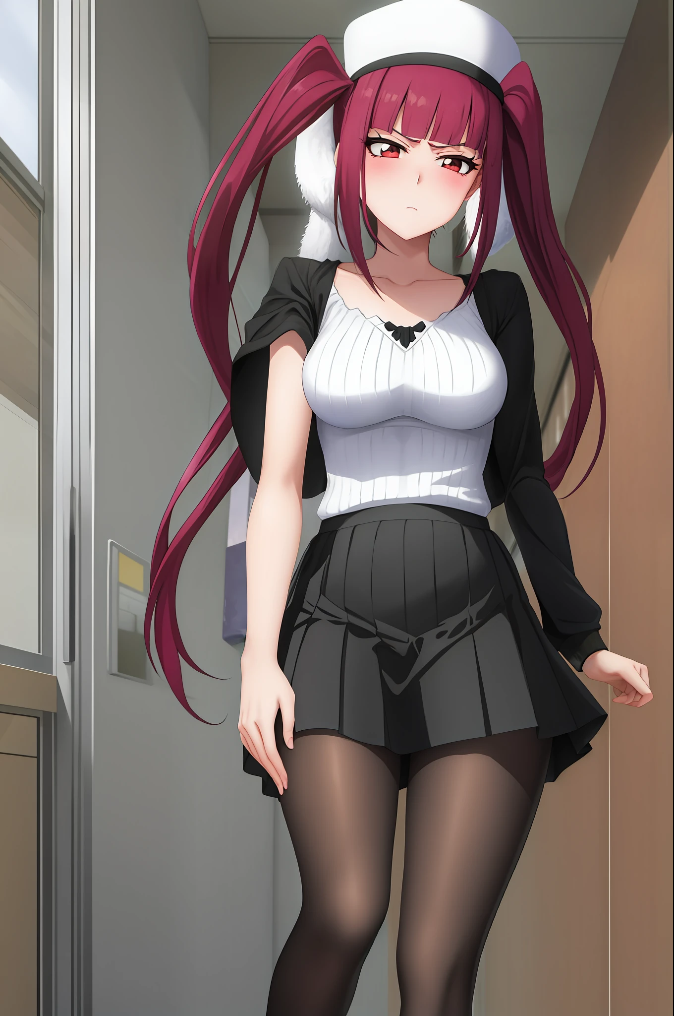 Riruka, (From below), Stockings, Black skirt, school hallway, Medium breasts, Blush