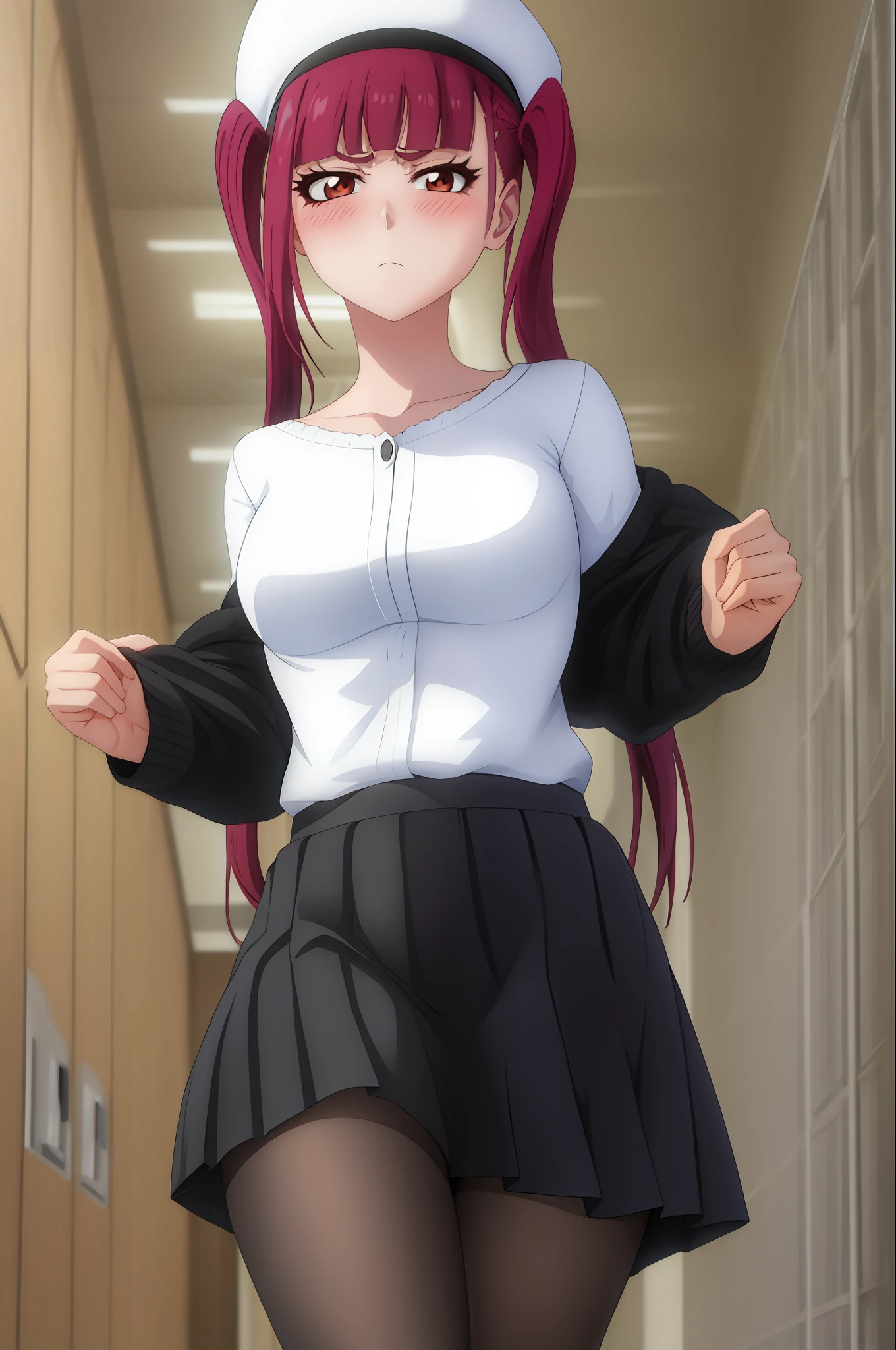 Riruka, (From below), Stockings, Black skirt, school hallway, Medium breasts, Blush