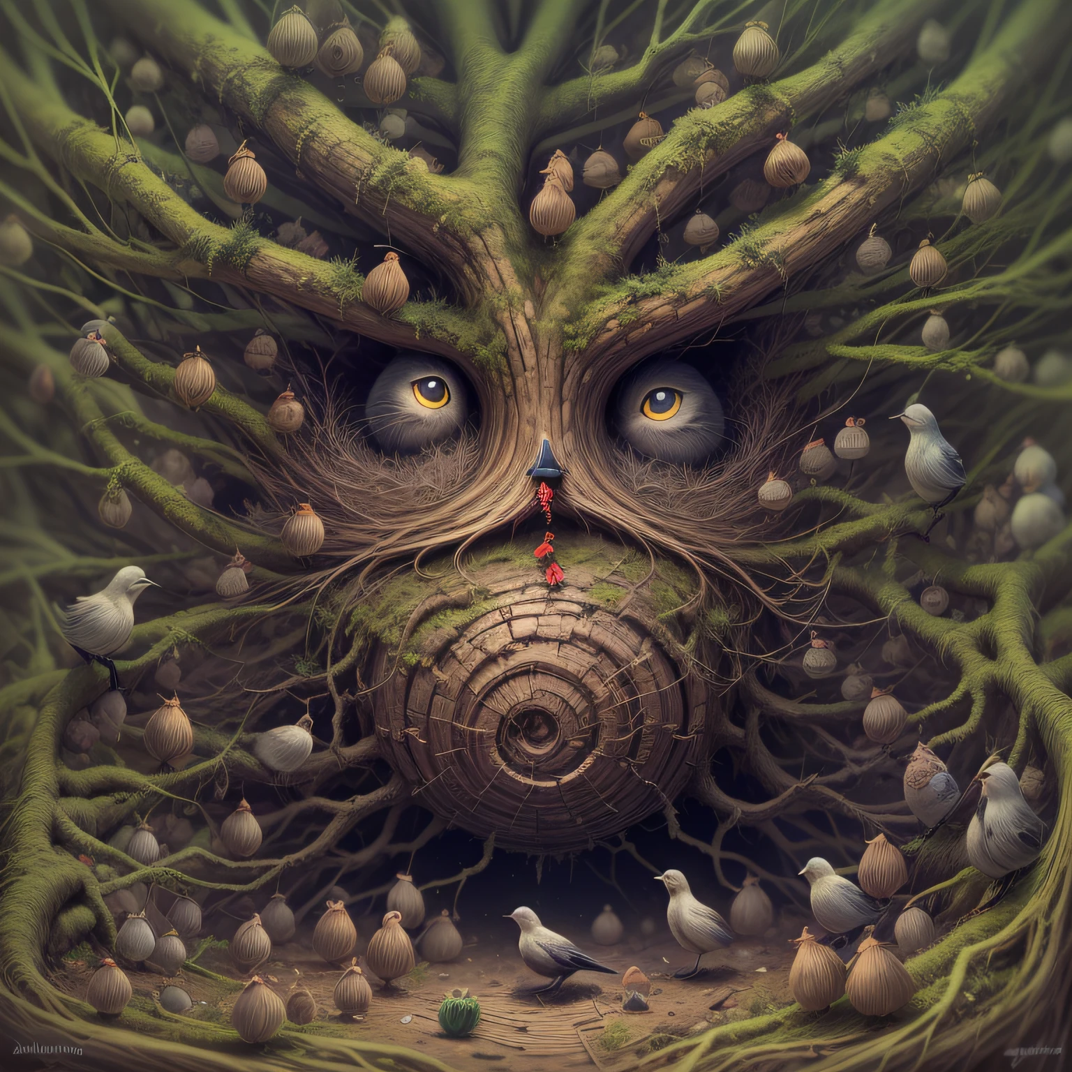 focus on an adorable, cute hidden creature in the tree roots, lonely aging tree in the dead forest, black birds flock, In the style of zdzislaw beksinski, by Alexander Jansson, by Max Weber formal decorated ornate, intricately detailed, minute lines, insane details