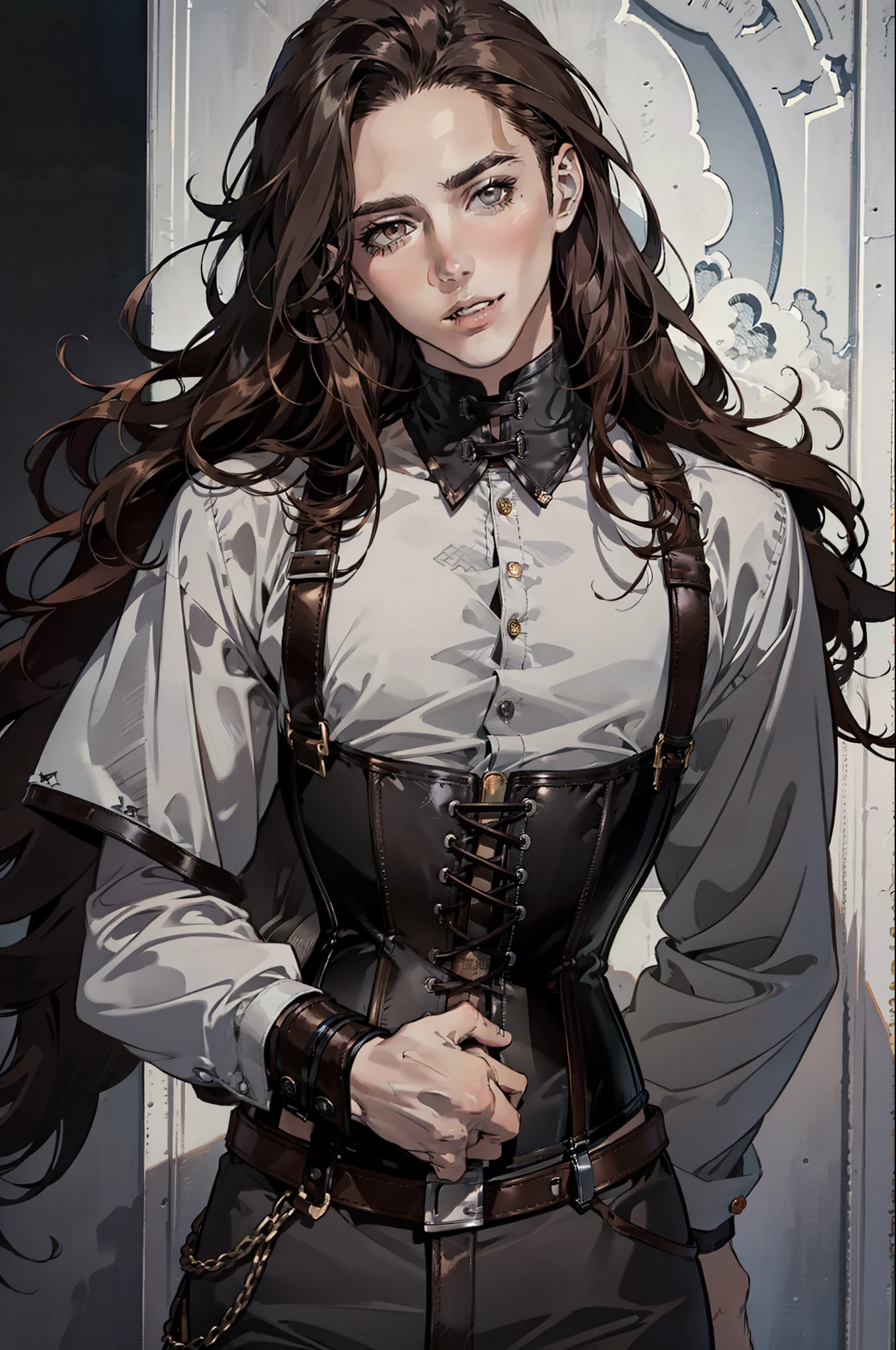 (absurdres, highres, ultra detailed), 1man, 30 years old man, adult man, handsome, tall,, finely detailed eyes and detailed face, leather pants, (((open chest))), (((underbust corset))), night, smile, dutch angle, ((long hair, brown hair)), gold details, gothic, vampire, vampire prince, dark, simple clothes, looking at the view, tan skin, detailed eyes, (masculine), sexy, elegant, long bangs, detailed hands, (((gray eyes))), corset, flirt,