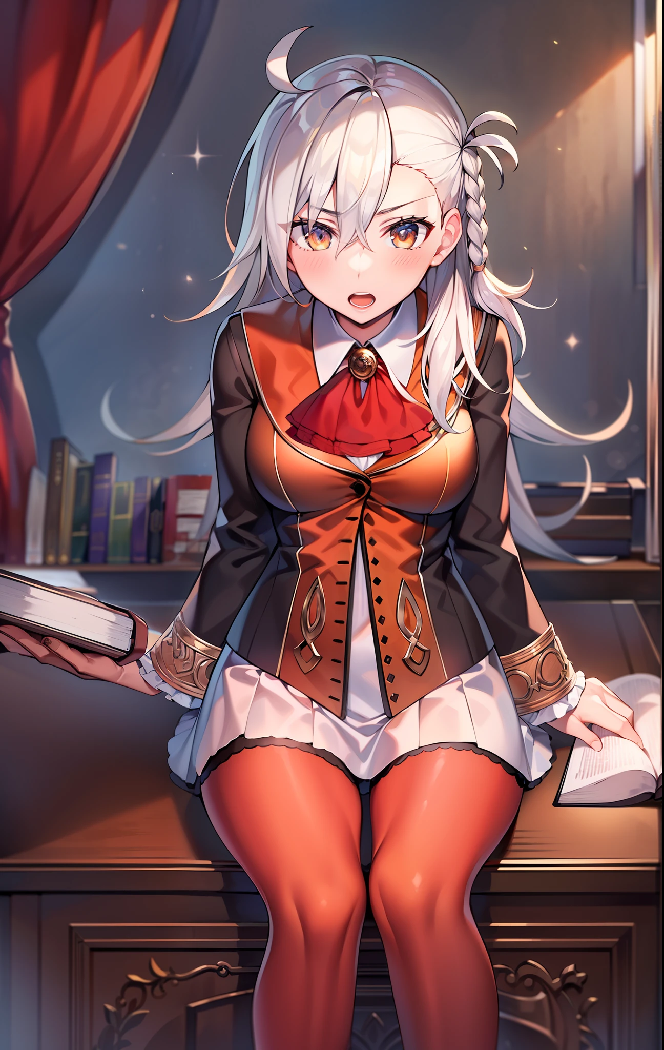 ((Masterpiece, Best quality, high resolution)),
default, official outfit, 1girll, book, Solo, Sitting, book stack, Open mouth, view the viewer, Breasts, Open book, Blush